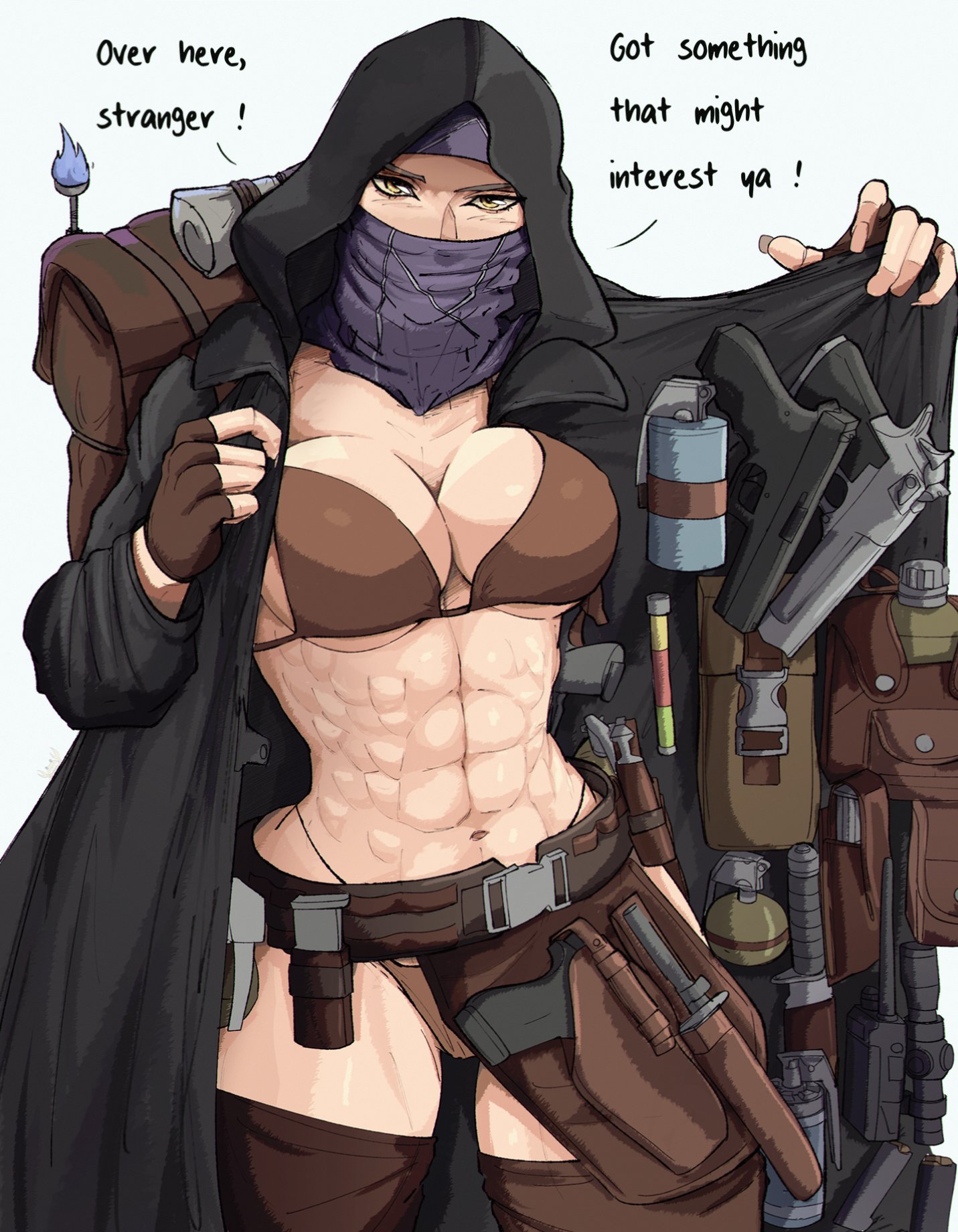 1girls, abs, bandana, bikini, breasts, capcom, english text, female, hi res, large breasts, looking at viewer, merchant (resident evil), muscular, muscular female, navel, nightmare waifu, obliques, resident evil, resident evil 4, rule 63, solo, solo female, trenchcoat, weapon, yellow eyes, yoracrab