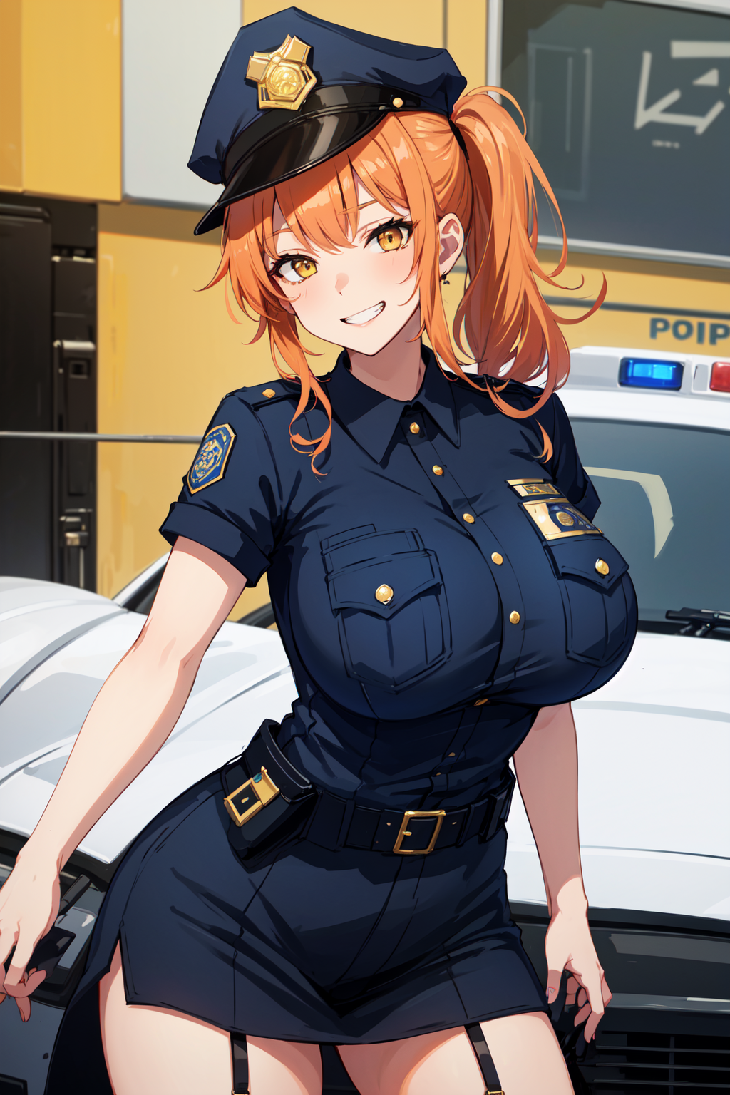 1girls, ai generated, breasts, curvy body, curvy female, curvy figure, female, female only, huge breasts, orange hair, police uniform, policewoman, solo female, solo focus, stable diffusion