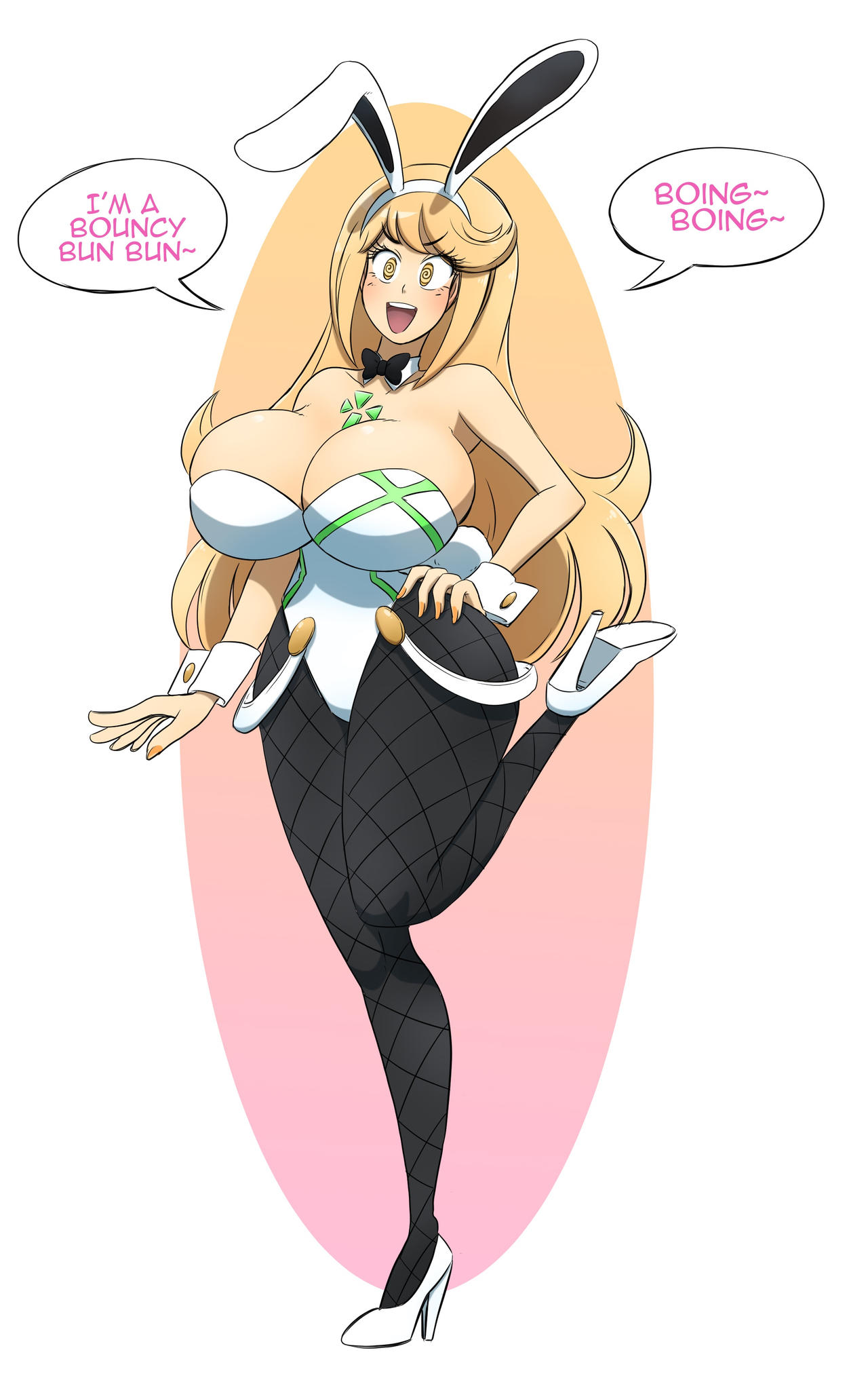 @_@ alternate_costume blonde_hair blush bowtie breasts bunny_ears bunny_tail bunnysuit colored core_crystal crystal cuff_links exposed_shoulders fake_animal_ears fake_tail female female_only fishnets happy_trance heels high_heels hypnosis kobi-tfs large_breasts latex leggings long_hair looking_at_viewer mythra nintendo painted_nails pink_eyes playboy_bunny smiling smiling_at_viewer swirly_eyes tagme text text_bubble tight_clothing wide_hips xenoblade_(series) xenoblade_chronicles_2 yellow_nails