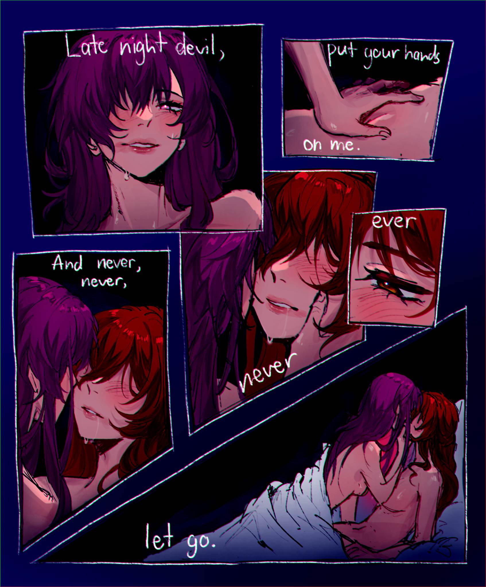 2girls bed_sheet colored drool female female_only groping himeko_(honkai:_star_rail) honkai:_star_rail imnotxreitive kafka_(honkai:_star_rail) kissing lesbian_sex multiple_girls naked naked_female nude nude_female purple_hair red_hair song_lyrics sweat yuri