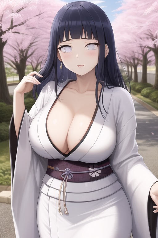 1girls, ai generated, big breasts, breasts, cherry blossoms, cleavage, female, hyuuga hinata, kimono, long hair, naruto, naruto (series), naruto shippuden, nature, outside, pixai, purple hair, smile, white eyes