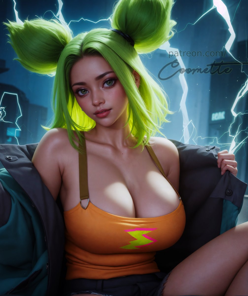 1girls, ai generated, big breasts, breasts, cleavage, coomette, female, green eyes, green hair, huge breasts, league of legends, riot games, solo, solo female, solo focus, stable diffusion, voluptuous, zeri (league of legends)
