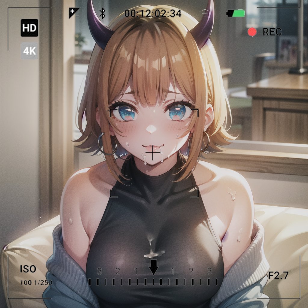 1girls 2023 :3 ai_generated anime_nose blonde_hair blue_eyes blushing breasts camera_view cum cum_on_breasts cum_on_face earrings female female_only hoop_earrings horned_female horned_humanoid horns indoors looking_at_viewer medium_breasts memcho oshi_no_ko osyasenpai photoshoot short_hair solo solo_female stable_diffusion