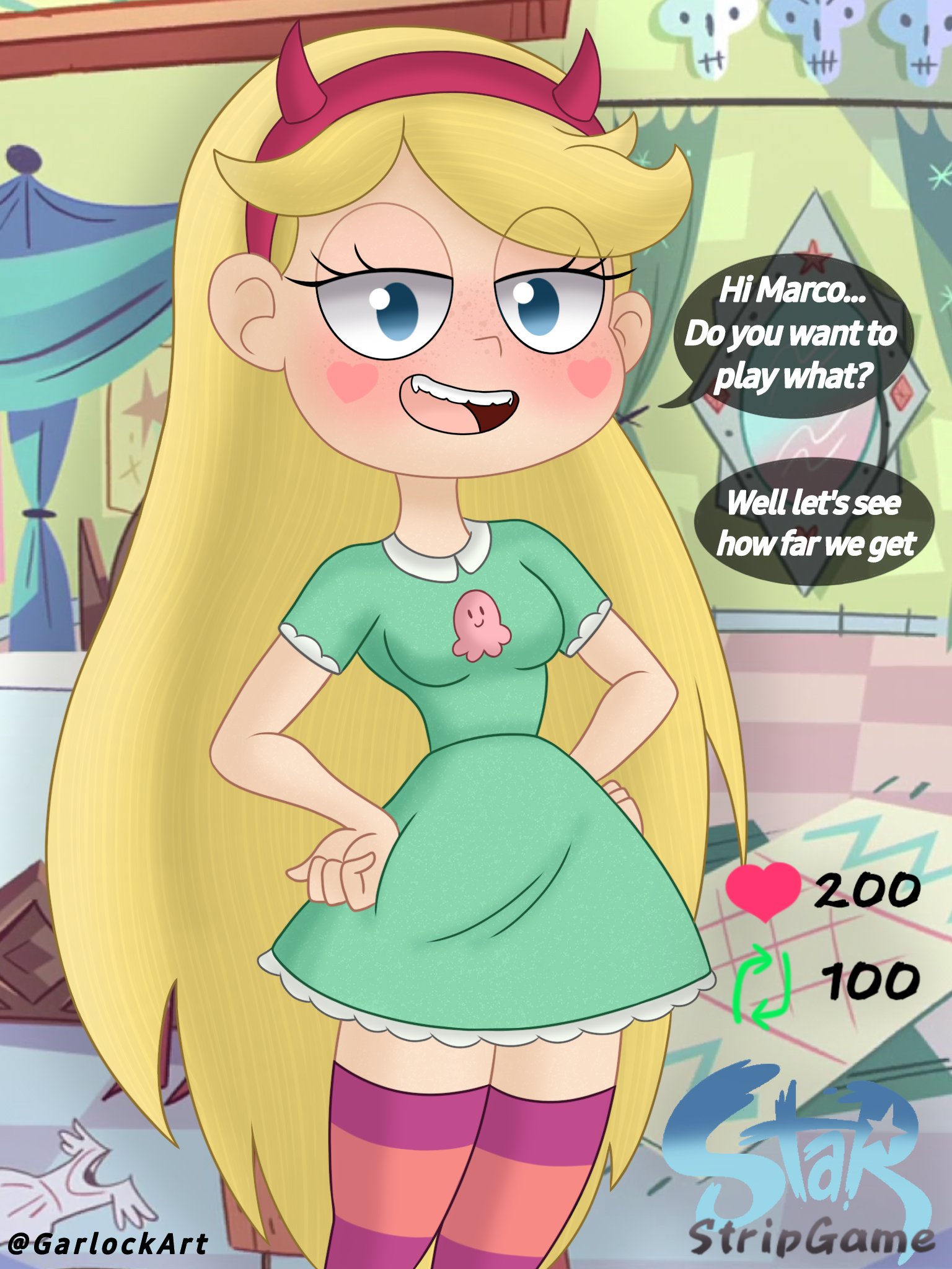 1girls, aged up, blonde female, blonde hair, blue eyes, blush, disney, disney channel, disney xd, female, female focus, female only, garlock, looking at viewer, pinup, royalty, solo, solo focus, star butterfly, star vs the forces of evil, strip game, tagme, white female