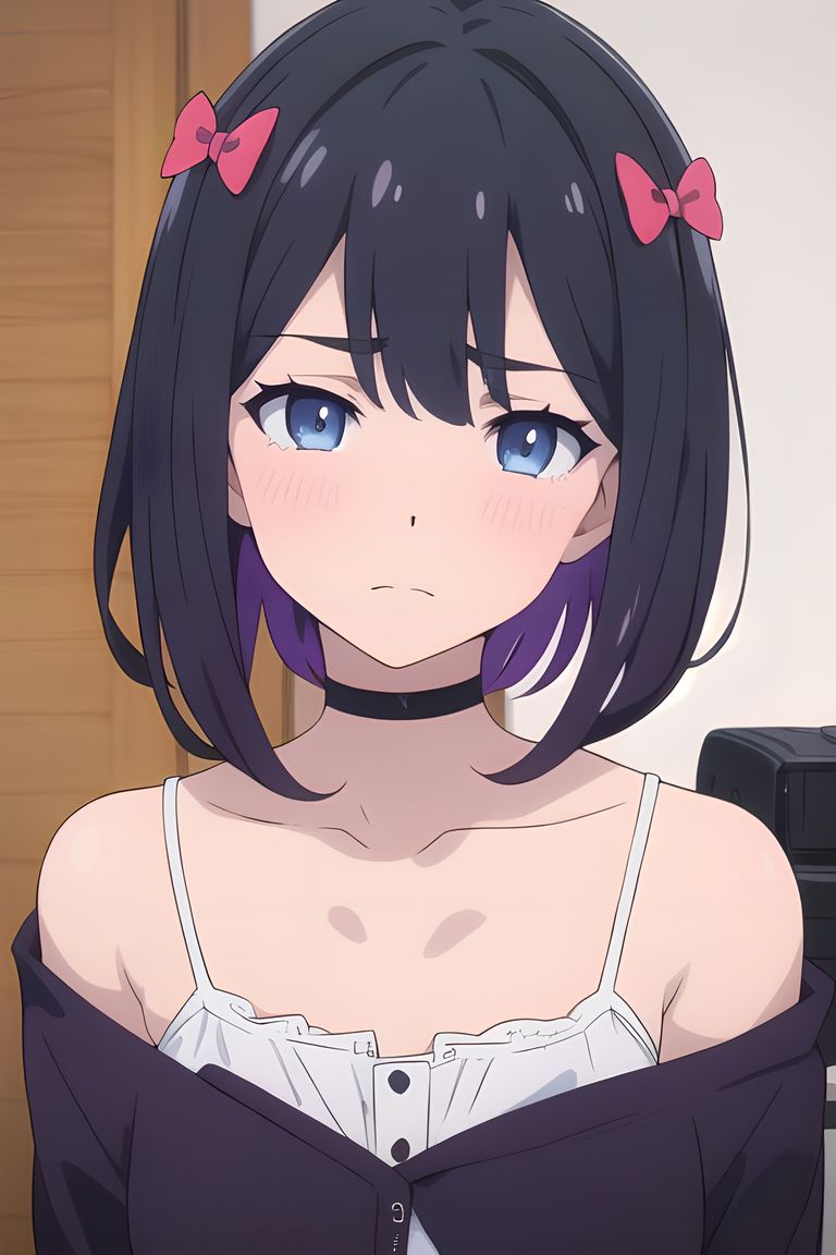 ai_generated airest alternate_age alternate_hair_color alternate_hair_length alternate_hairstyle bangs bare_shoulders black_hair blue_eyes blush choker collarbone dyed_hair eromanga_sensei goth grown_up hair_between_eyes hair_ornament hairbow hassaku_(model) indoors izumi_sagiri looking_at_viewer multicolored_hair purple_dye red_bow stable_diffusion teenager two-tone_hair upper_body