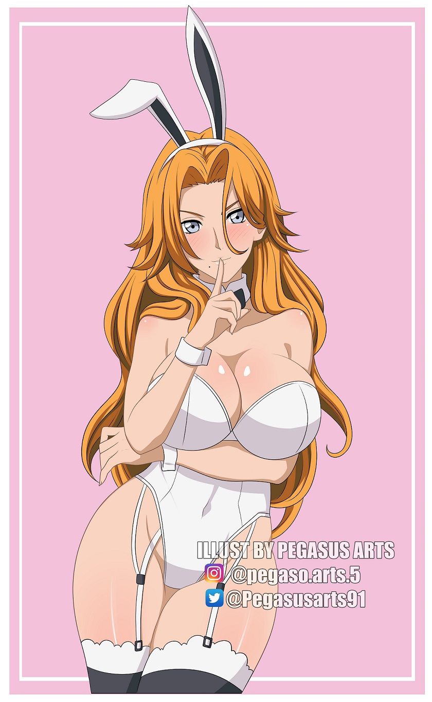 arm under breasts, big breasts, bleach, blue eyes, breasts, bunny ears, bunny girl, bunnysuit, detached collar, detached sleeves, fake animal ears, female, garter belt, garter straps, huge breasts, large breasts, leotard, lingerie, looking at viewer, matsumoto rangiku, mole, mole under mouth, orange hair, pegasus arts, playboy bunny, shushing, solo, voluptuous
