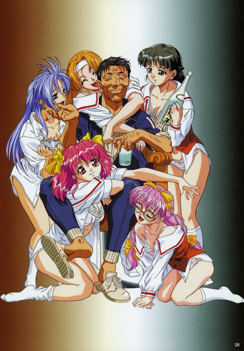 1990s 1990s_(style) 1boy 2d 2d_(artwork) 5girls 90s akagawa_rika asakawa_kotomi ashtray black_hair blonde_hair blue_hair blush bra cigarette earring elf_(company) female glasses hair_ribbon happy_face harem headband hi_res highres hosome_eyes isaku itou_isaku lipstick_mark long_hair long_twintails mikihara_akemi multiple_girls official_art older_male over_480p panties parted_lips pink_hair red_eyes sakaki_miyuki sake_bottle serizawa_mio smiling socks yokota_mamoru younger_female