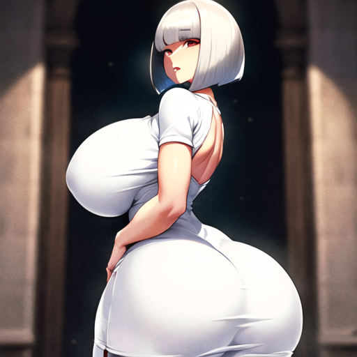 ass_in_dress dress huge_ass huge_breasts the_forbidden_dress thick_thighs tight_dress white_dress white_hair white_legwear white_pantyhose