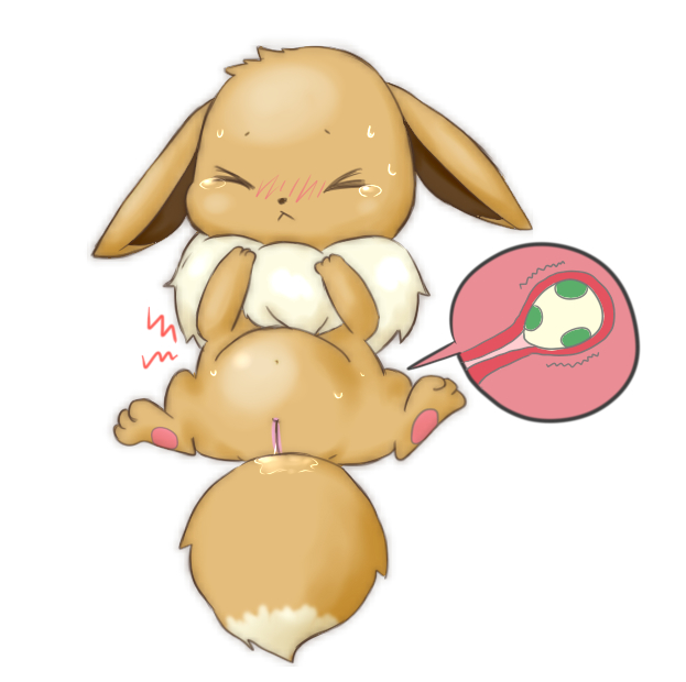 1girls blush brown_fur closed_eyes eevee egg feral furry mimix navel pawpads pokemon pokemon_(species) pokemon_rgby pregnant pussy solo stomach_bulge sweatdrop tears wet_pussy white_background x-ray