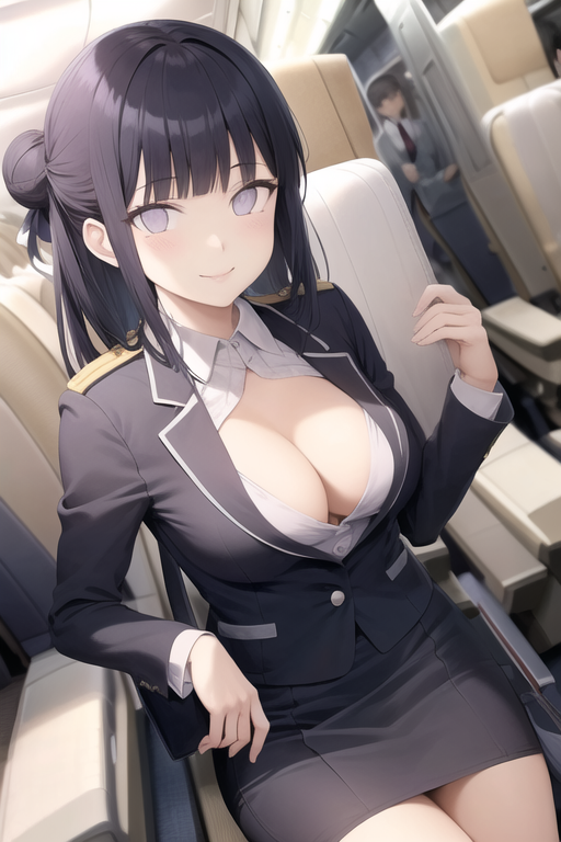 1girls ai_generated cleavage female hair_bun hyuuga_hinata hyuuga_hinata long_hair naruto naruto_shippuden pixai plane purple_hair sitting smile stewardess uniform white_eyes