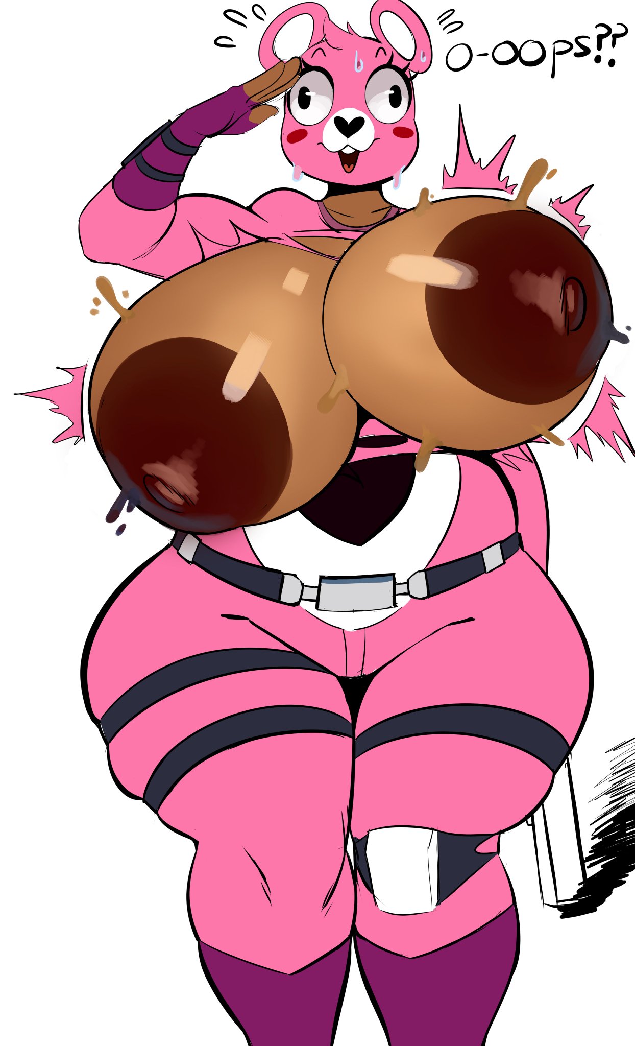 ass, bear, big areola, big ass, big breasts, big nipples, breasts, breasts bigger than head, breasts out, brown nipples, cuddle team leader, dark nipples, dark skin, dark-skinned female, female, fortnite, huge areolae, huge breasts, huge nipples, isolatedartest, nipples visible through clothing, ripped clothing, salute, solo, tearing open top, text, thick thighs, wardrobe malfunction