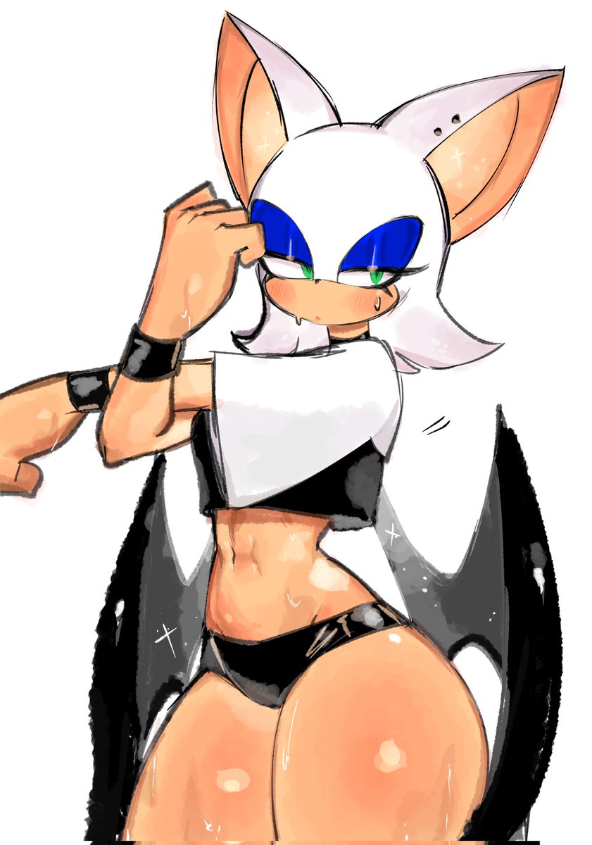 bat, bat ears, bat wings, choker, eyelashes, eyeshadow, female, green eyes, looking at viewer, navel, rouge the bat, sega, shorts, sonic (series), sonic the hedgehog (series), sweat, sweatdrop, sweating, sweaty, thick thighs, thighs, usa37107692, white fur, white hair, wide hips, wings, workout, workout clothes