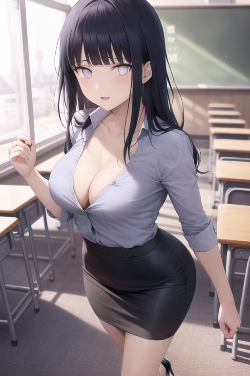 1girls, ai generated, classroom, cleavage, female, hyuuga hinata, long hair, miniskirt, naruto, naruto (series), naruto shippuden, pixai, purple hair, teacher, tight clothing, white eyes