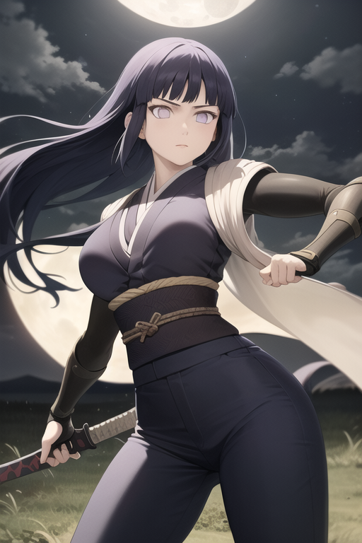 1girls ai_generated female heroine hyuuga_hinata hyuuga_hinata long_hair moon naruto naruto_shippuden night ninja ninja_outfit outside pixai purple_hair sword white_eyes