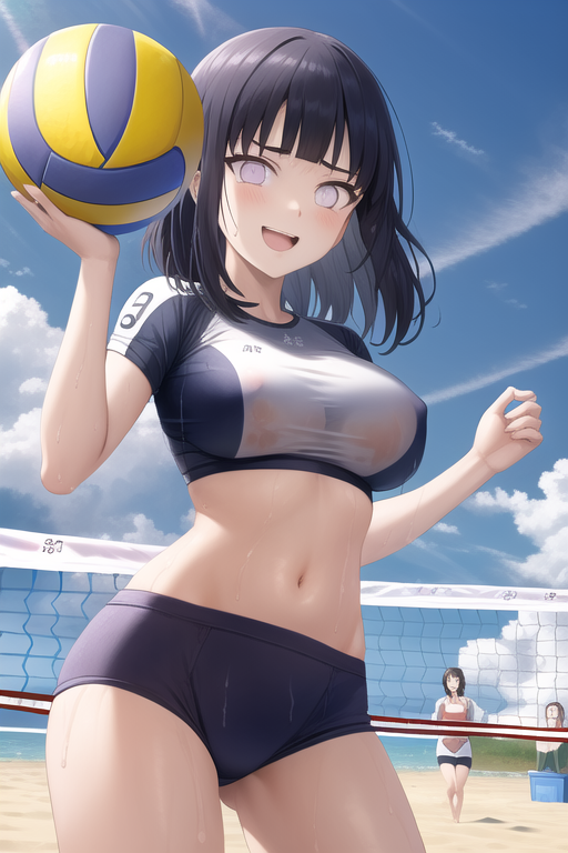1girls, ai generated, beach, belly, boruto: naruto next generations, female, having fun, hyuuga hinata, laugh, naruto, naruto (series), naruto shippuden, nipples, outside, pixai, purple hair, see-through, short hair, sunny day, uzumaki hinata, volleyball, volleyball uniform, wet, white eyes