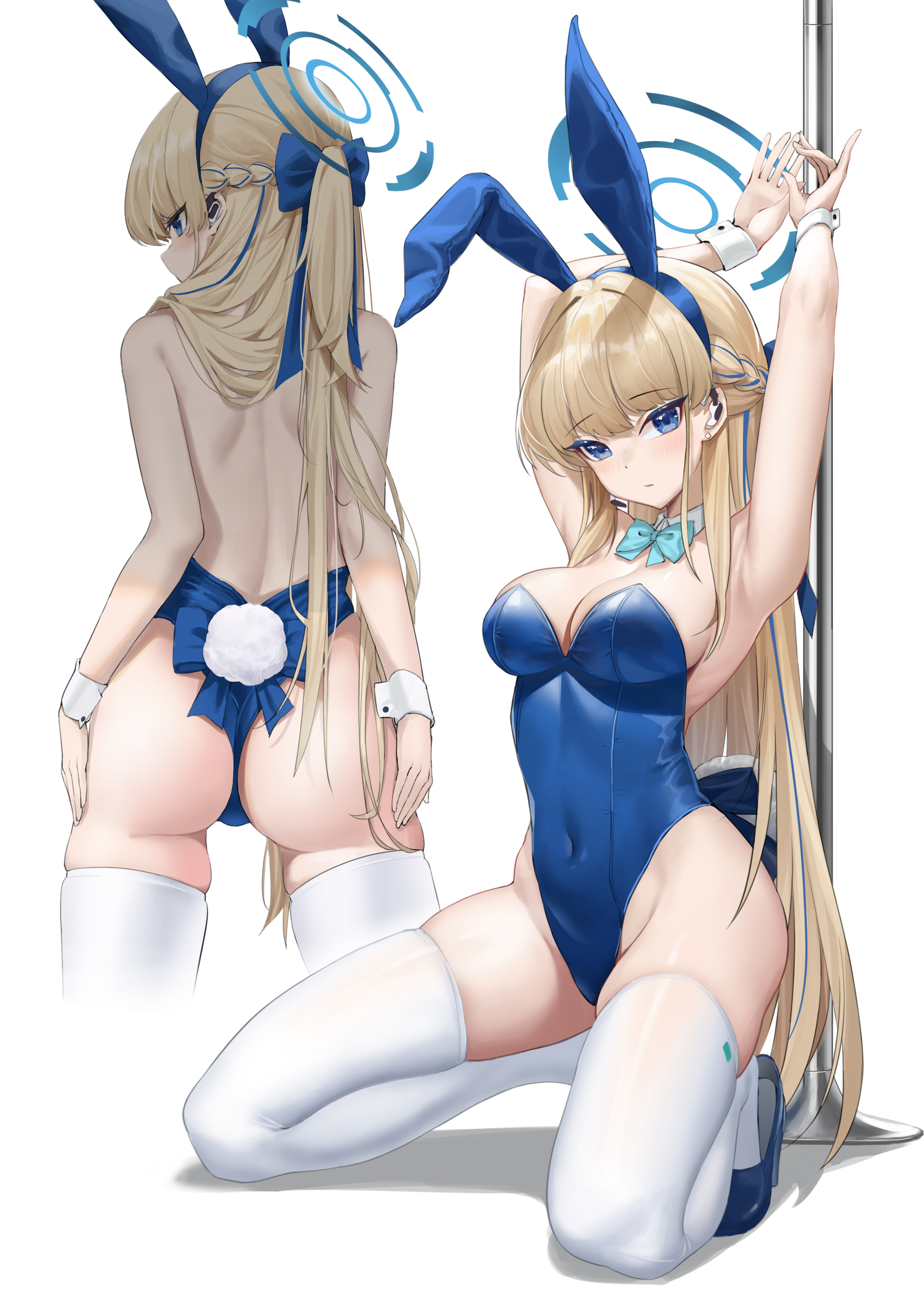 1girls, absurdres, animal ears, ass, backless leotard, bare shoulders, blonde hair, blue archive, blue bow, blue eyes, bow, bowtie, braid, breasts, bunny ears, bunny tail, covered navel, ctrl+z, detached collar, earpiece, fake animal ears, fake tail, female, hairband, high heels, highleg, highleg leotard, highres, leotard, long hair, microphone, multiple views, official alternate costume, official alternate hairstyle, playboy bunny, pointy chin, pole, pole dancing, simple background, skindentation, solo, stripper pole, tail, thighhighs, toki (blue archive), toki (bunny) (blue archive), very long hair, white legwear, wrist cuffs