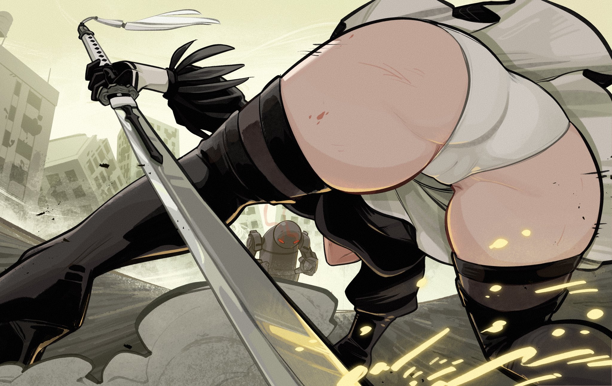 1girls, android, ass, cameltoe, female, gloves, machine, nier: automata, panties, pussy, robot, splooge (artist), sword, thigh boots, white panties, yorha 2b