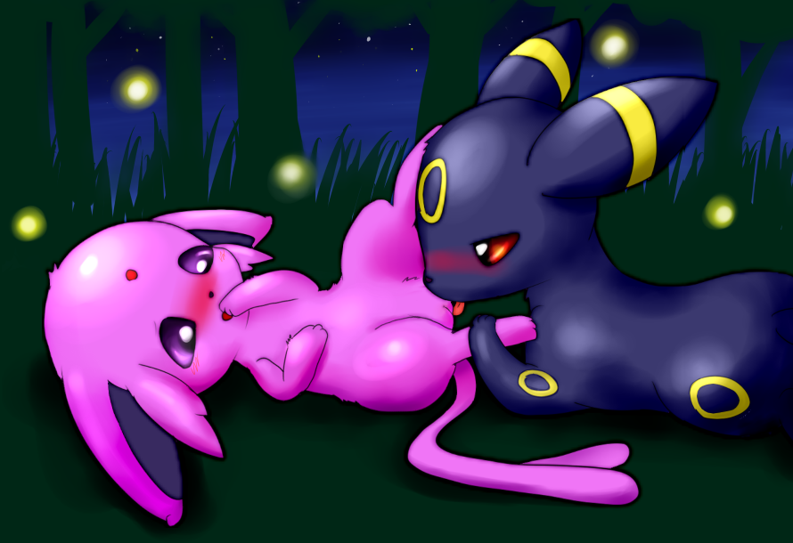 1boy 1girls blush cunnilingus espeon feral fireflies forehead_jewel mimix night no_humans on_back outdoors pokemon pokemon_gsc purple_eyes purple_fur red_eyes umbreon