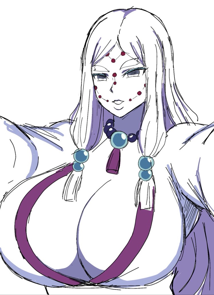 1girls, big breasts, breasts, breasts bigger than head, cleavage, clothed, clothed female, clothing, demon, demon girl, demon slayer, female, female only, huge breasts, human, human only, kimetsu no yaiba, large breasts, long hair, milf, momiji (artist), mommy, mommy kink, mother spider demon, necklace, solo, solo female, tease, teasing, teasing viewer, white hair, white skin, white-skinned female