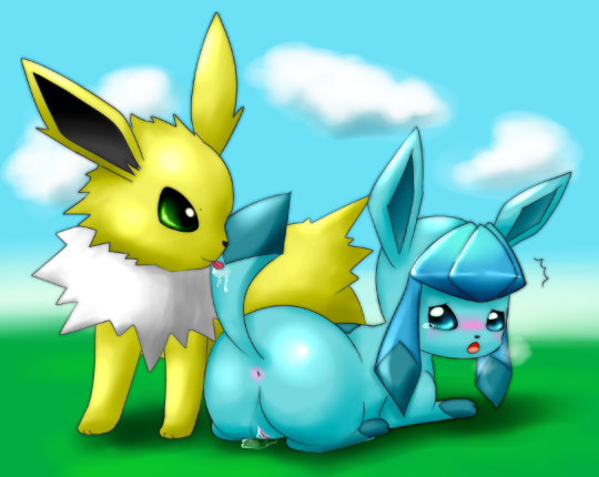 1boy 1girls anus blue_eyes blush feral glaceon grass green_eyes jolteon mimix no_humans open_mouth outdoors pokemon pokemon_dppt pokemon_rgby pussy saliva tail_lick