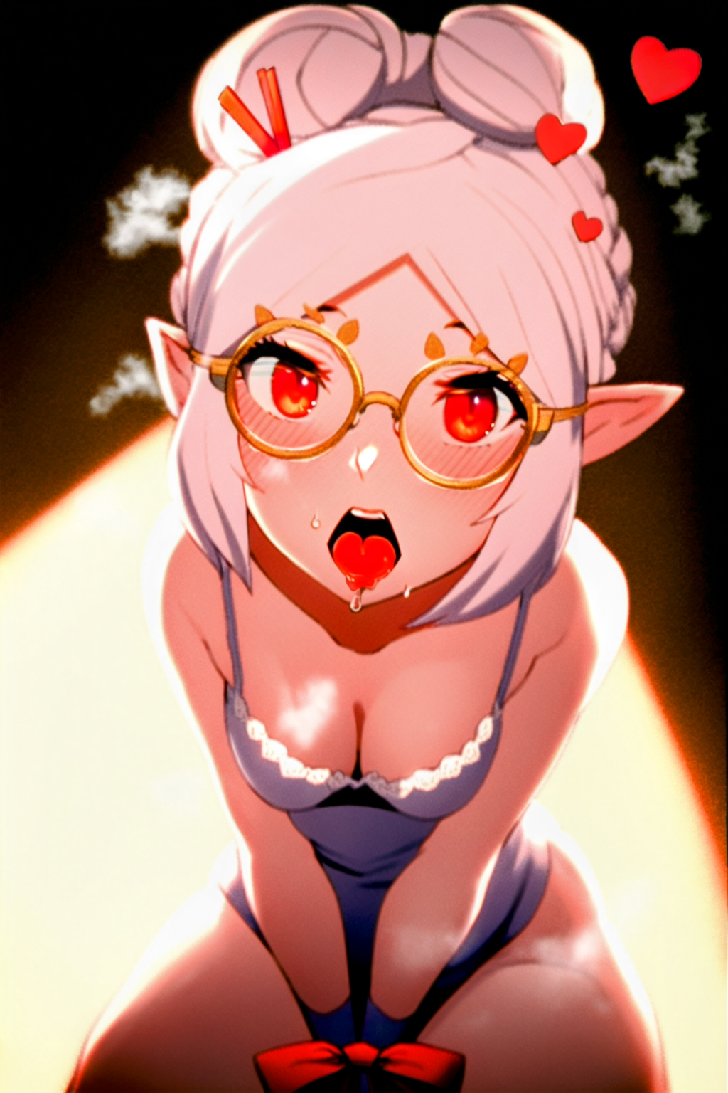 ai_generated blush chopsticks_in_hair cleavage elf_ears glasses lingerie looking_at_viewer medium_breasts nintendo novelai purah purah_(tears_of_the_kingdom) red_eyes tears_of_the_kingdom the_legend_of_zelda tongue white_hair