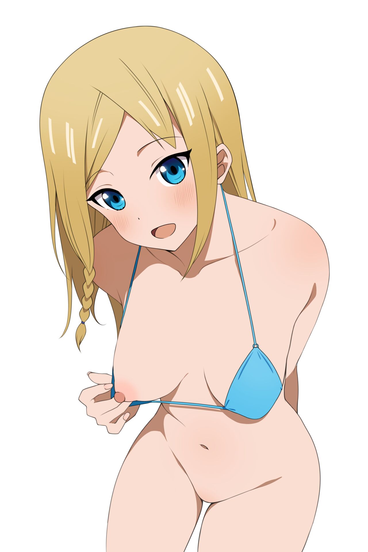 1girls, accurate art style, bikini, bikini top, blonde hair, blue eyes, blush, bottomless, breasts, coro fae, female, hayasaka ai, kaguya-sama wa kokurasetai ~tensai-tachi no renai zunousen~, nipples, official style, one breast out, pussy, smile, solo, uncensored