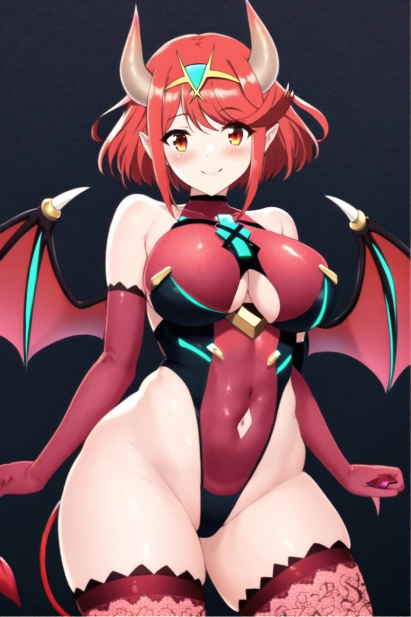 1girls 2023 ai_generated ai_hands anime_nose boob_window chest_jewel cleavage clothed_female core_crystal demon demon_girl demon_horns demon_tail demon_wings elbow_gloves hair_ornament horned_female horned_humanoid horns latex leotard pointy_ears pyra robofun stable_diffusion succubus tail thighhighs tiara underboob wings xenoblade_(series) xenoblade_chronicles_2