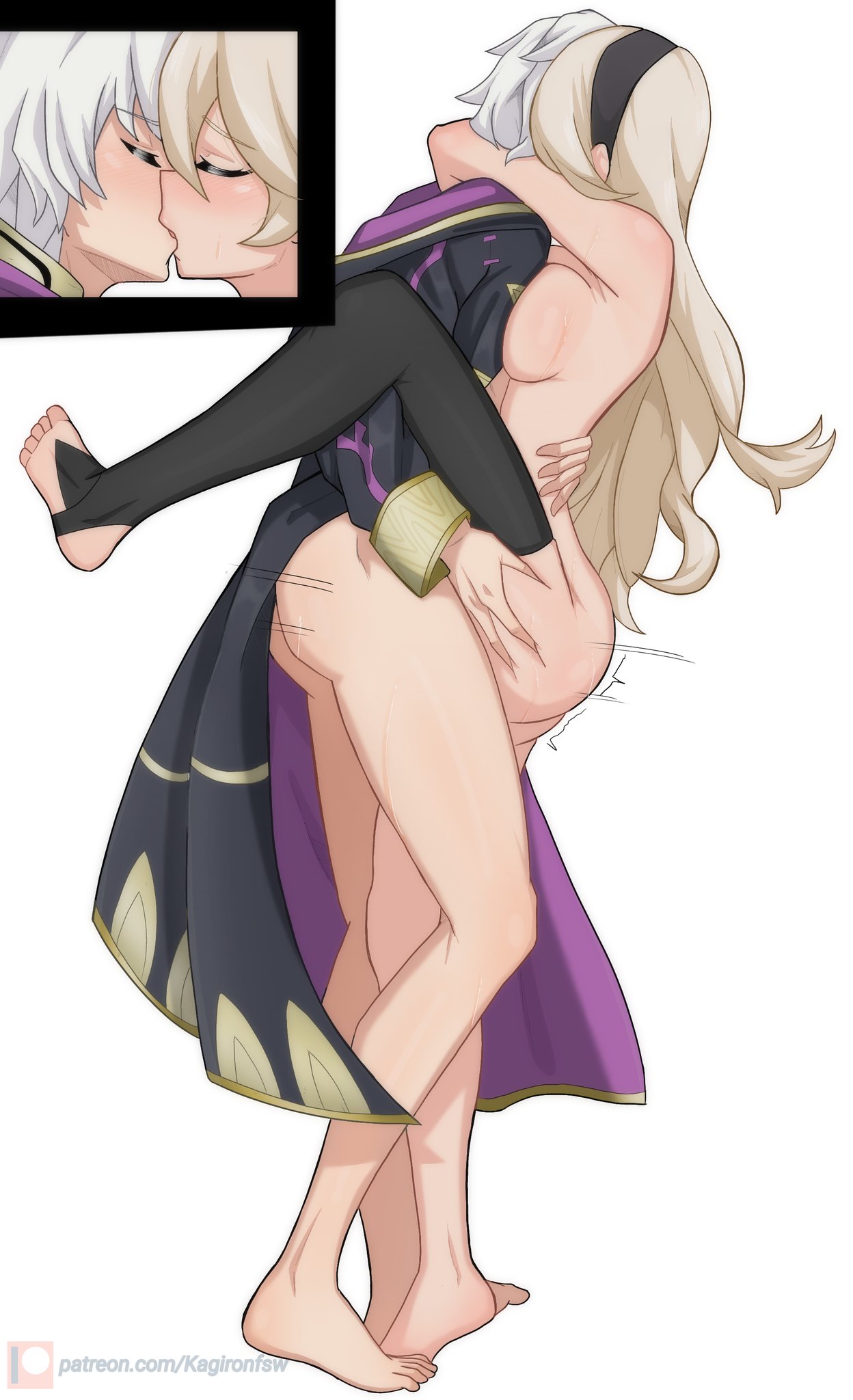 1boy, 1girls, artist name, ass, ass grab, blonde hair, breast press, breasts, closed eyes, clothed male nude female, corrin (fire emblem), corrin (fire emblem) (female), female, fire emblem, fire emblem awakening, fire emblem fates, hair ornament, hairband, hi res, highres, kagironsfw, kissing, long hair, male, motion lines, nintendo, one leg up, plain background, pussy, robin (fire emblem), robin (fire emblem) (male), sex, straight, thighhighs, vaginal penetration, watermark, white background, white hair
