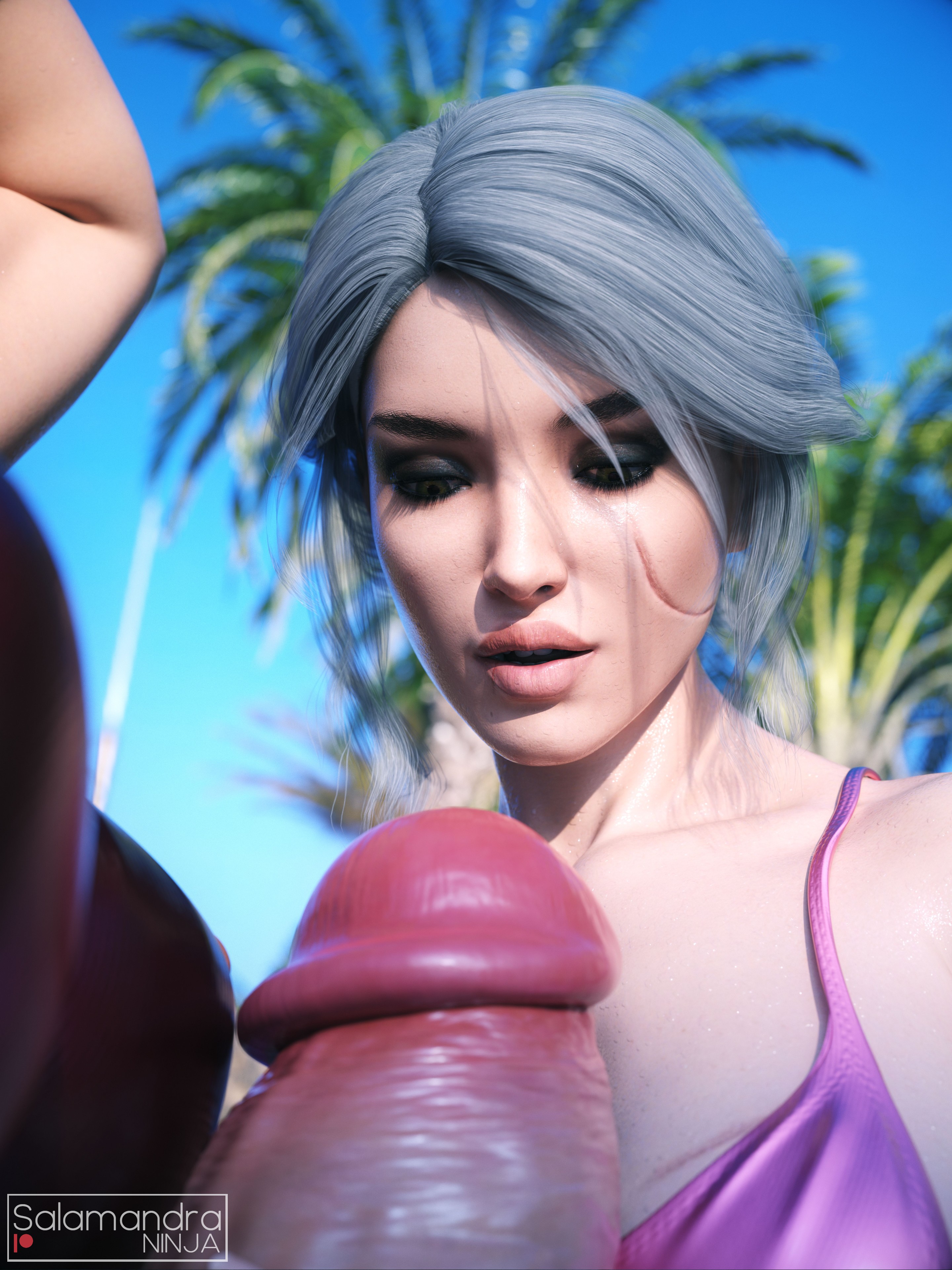2023, 2futas, 3d, abs, arms behind head, ass, balls, breasts, cd projekt red, ciri, ciri (daz), daz studio, erect nipples, erect penis, erection, foreskin, futanari, high resolution, highres, huge balls, huge breasts, huge cock, intersex, large areolae, large ass, large balls, large breasts, large butt, large penis, muscular, muscular futa, nipples, penis, pool, posing, red hair, retracted foreskin, salamandraninja, standing in water, the witcher (series), the witcher 3: wild hunt, triss merigold, tropical, uncircumcised, veiny penis, watermark