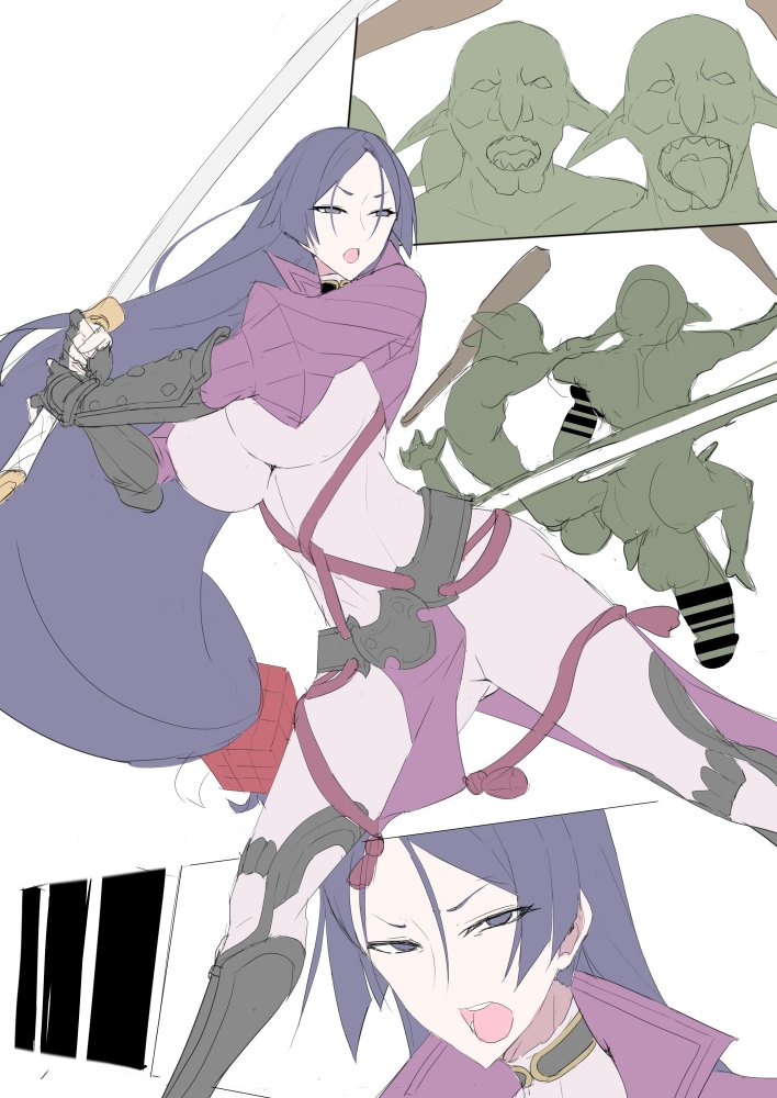1boy, 1girls, ass, ass up, balls, breasts, censored, cum, cum everywhere, doggy style, dubious consent, excessive cum, fate (series), fate/grand order, female, flat colors, goblin, goblin male, green skin, green-skinned male, height difference, huge ass, huge balls, huge breasts, huge cock, imminent rape, interspecies, ky., light skin, light-skinned female, long hair, male, mature female, milf, minamoto no raikou (fate/grand order), monster, multiple boys, multiple males, penis, purple eyes, purple hair, sex, size difference, small dom big sub, thick thighs