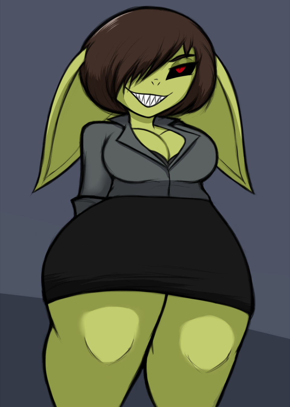 big_ears black_sclera breasts goblin goblin_female green_skin hips hourglass_figure kierus office_lady pointy_ears red_eyes sharp_teeth shortstack thick_thighs thighs wide_hips