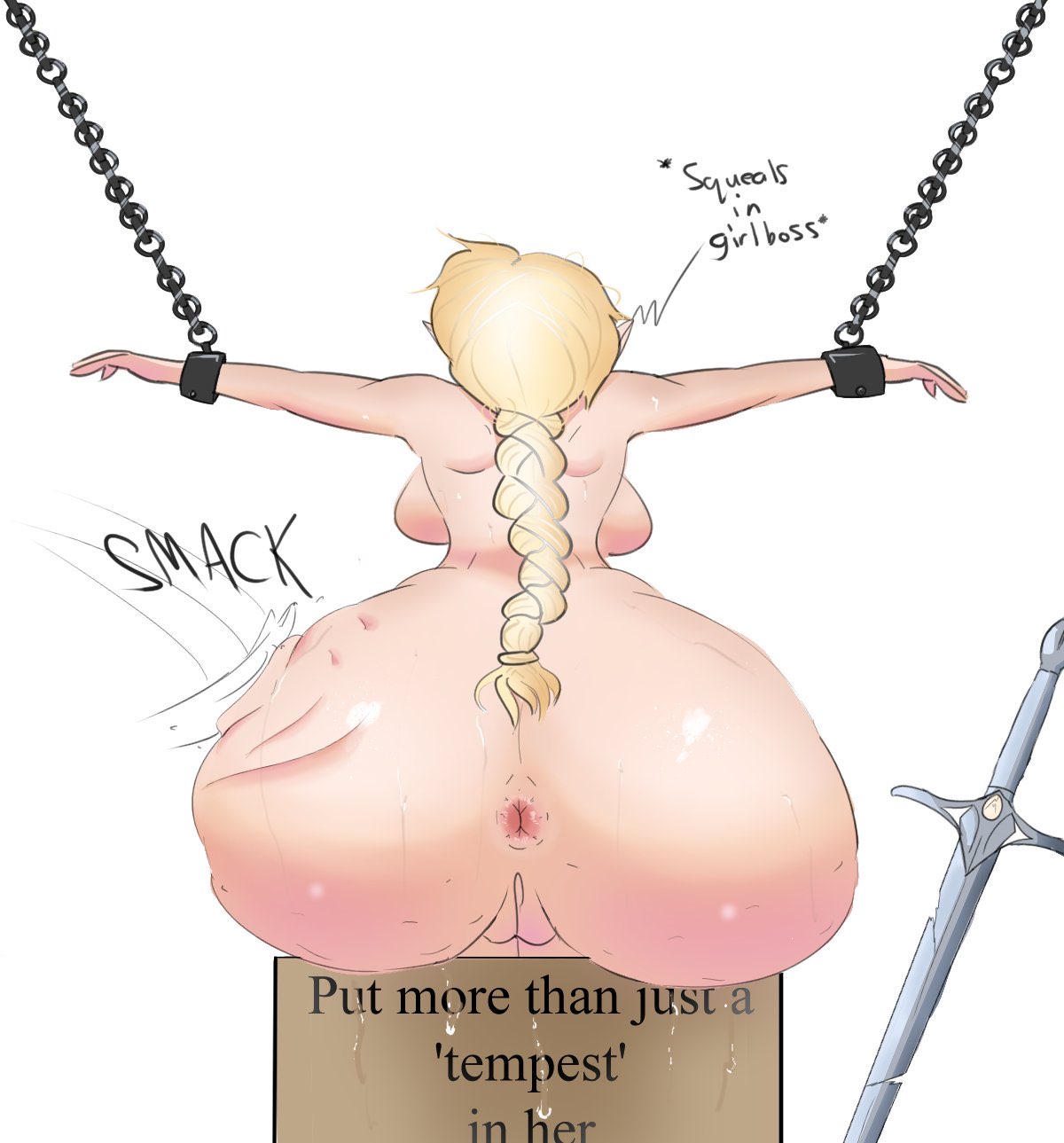 1girls anus arms_up ass ass_slap ass_waves big_ass big_breasts braided_hair brollyinthewind chains female female_only from_behind galadriel huge_ass lilacumbrella_(artist) lord_of_the_rings restrained rings_of_power shiny_skin spanking