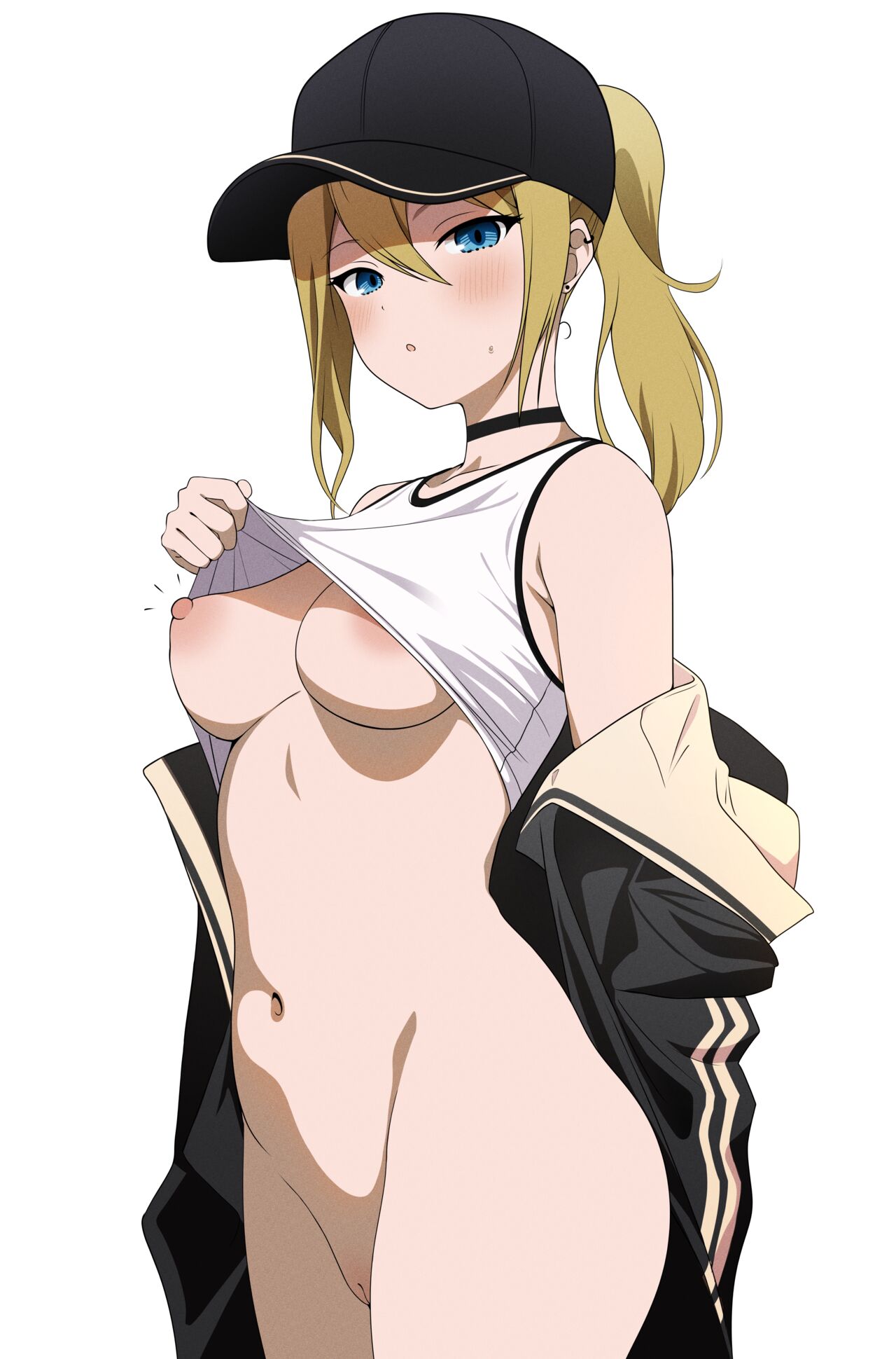 1girls, blonde hair, blue eyes, blush, bottomless, breasts, choker, coro fae, female, hat, hayasaka ai, jacket, kaguya-sama wa kokurasetai ~tensai-tachi no renai zunousen~, nipples, one breast out, ponytail, pussy, shirt lift, solo, uncensored