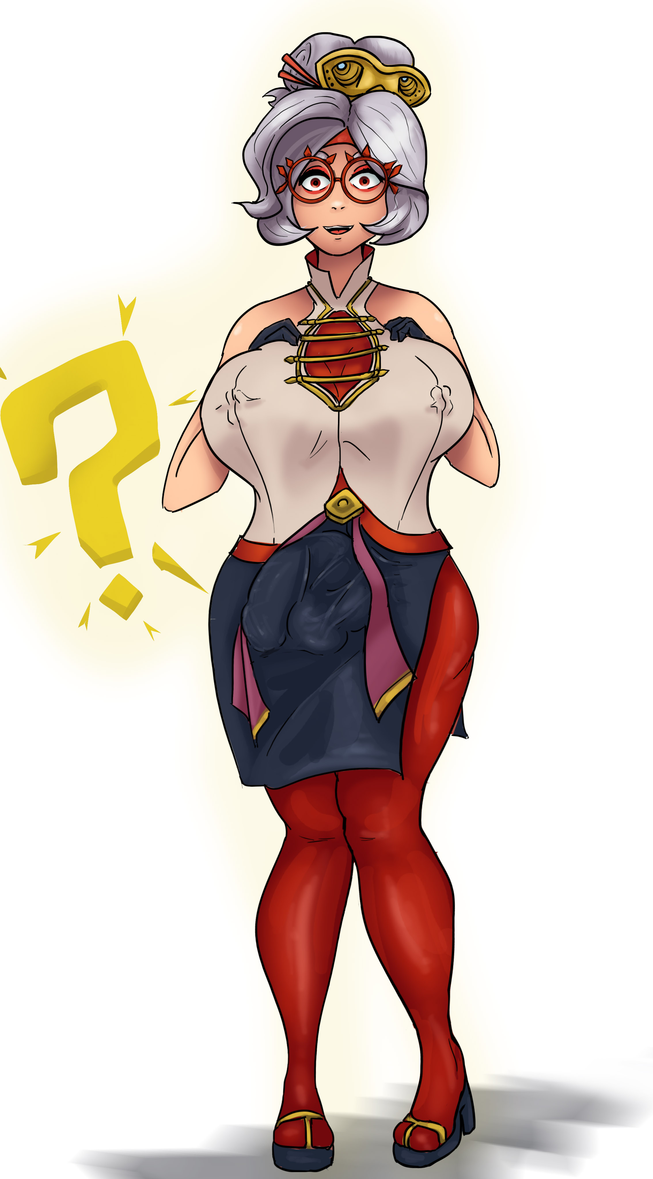 @yankll artist, 1futa, 2023, balls, big breasts, big penis, breasts, bulge, bulge through clothing, bulging breasts, clothed, clothing, curvy, dickgirl, erection, erection under clothes, eye contact, female, flaccid, flaccid penis, fully clothed, futa only, futadom, futanari, glasses, horny female, huge breasts, huge cock, humanoid, humanoid penis, intersex, light skin, light-skinned futa, looking at viewer, nintendo, penis, penis bulge, pov, pov eye contact, purah, purah (tears of the kingdom), red eyes, self upload, short hair, solo, tears of the kingdom, the legend of zelda, thick hips, thick thighs, white background, white hair, wide hips, wide thighs