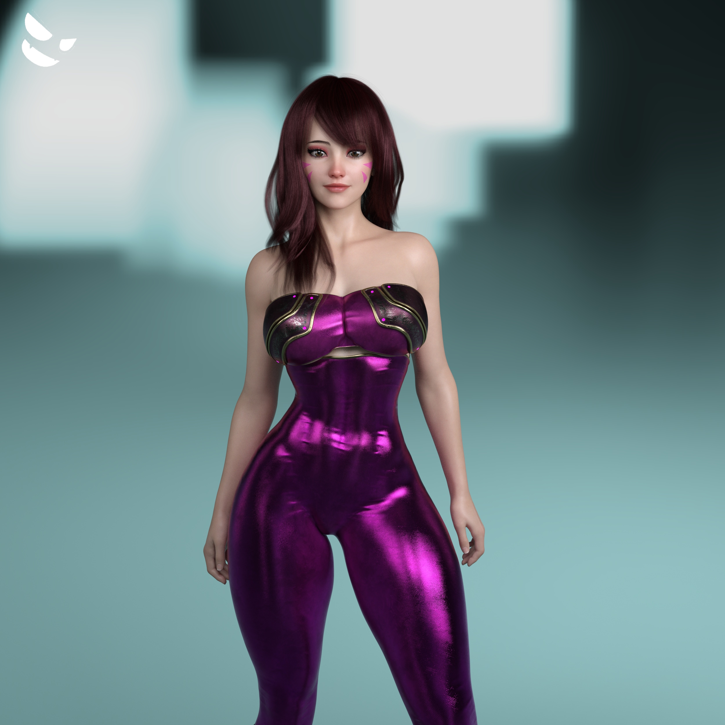 1girls, 3d, big breasts, blizzard entertainment, breasts, brown hair, cleavage, d.va, face markings, female, gm studios, korean, korean female, overwatch, thick thighs, wide hips