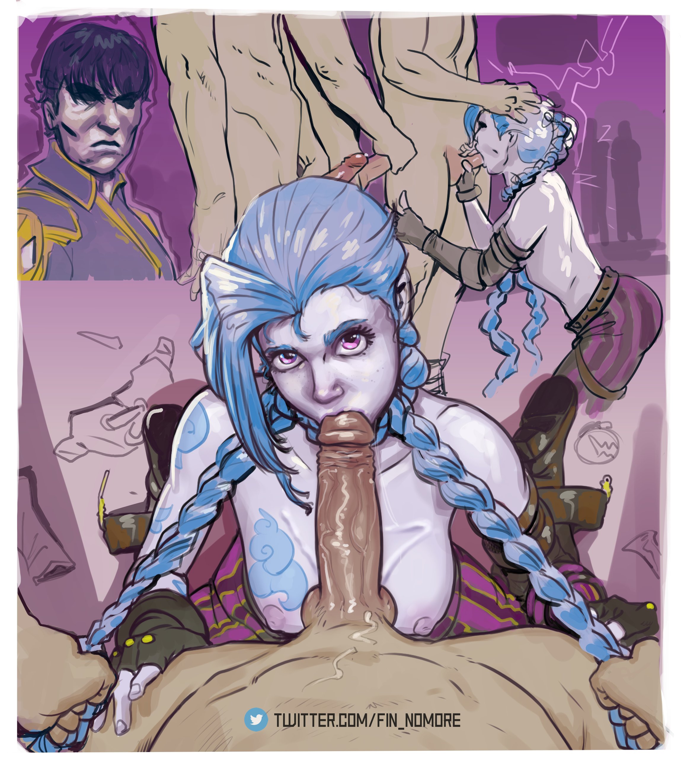 1girls, blue hair, fellatio, female, fin nomore, jinx (league of legends), league of legends, male, multiple boys, multiple males, oral, penis, sex