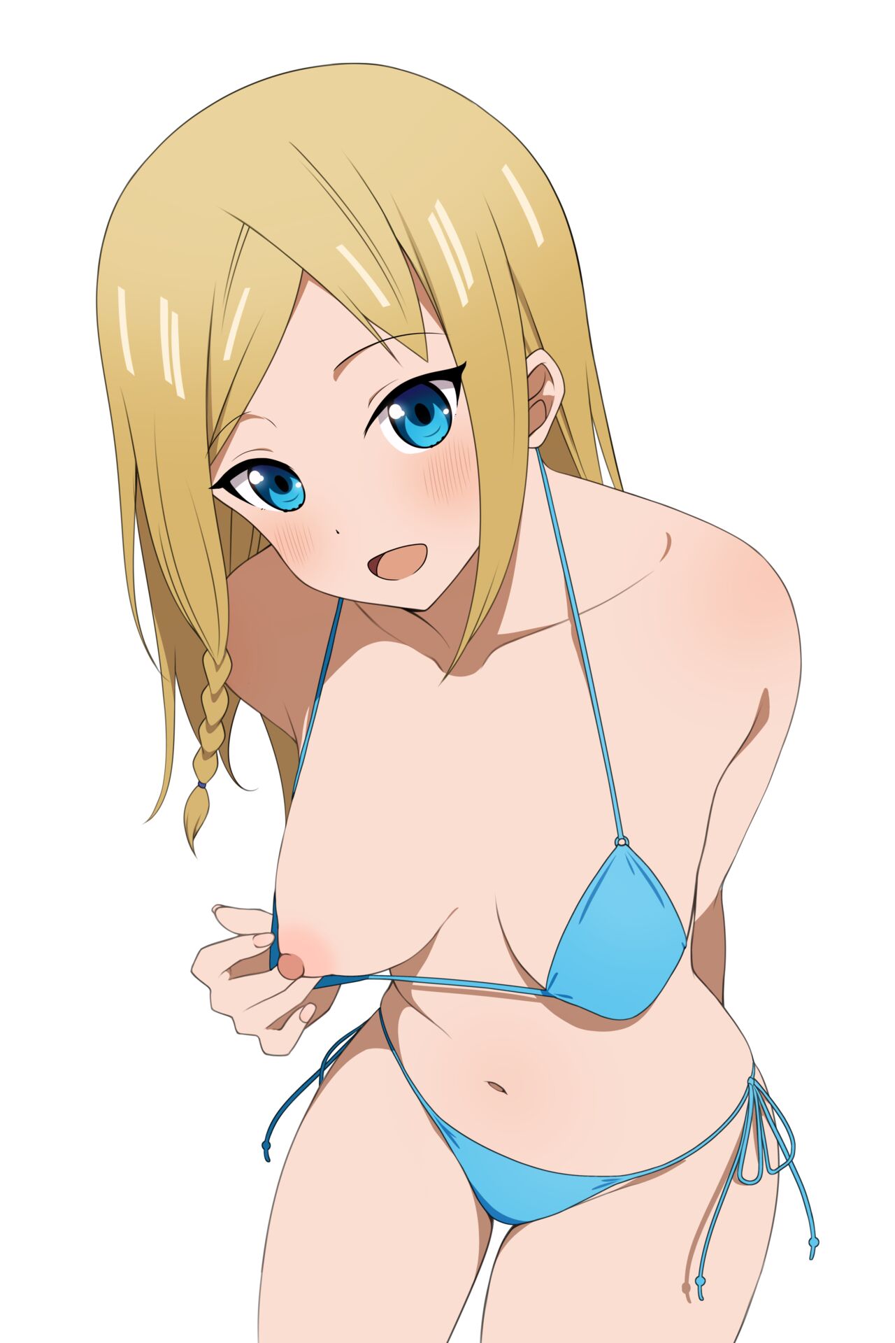 1girls, accurate art style, bikini, blonde hair, blue eyes, blush, breasts, coro fae, female, hayasaka ai, kaguya-sama wa kokurasetai ~tensai-tachi no renai zunousen~, nipples, official alternate hairstyle, official style, one breast out, smile, solo