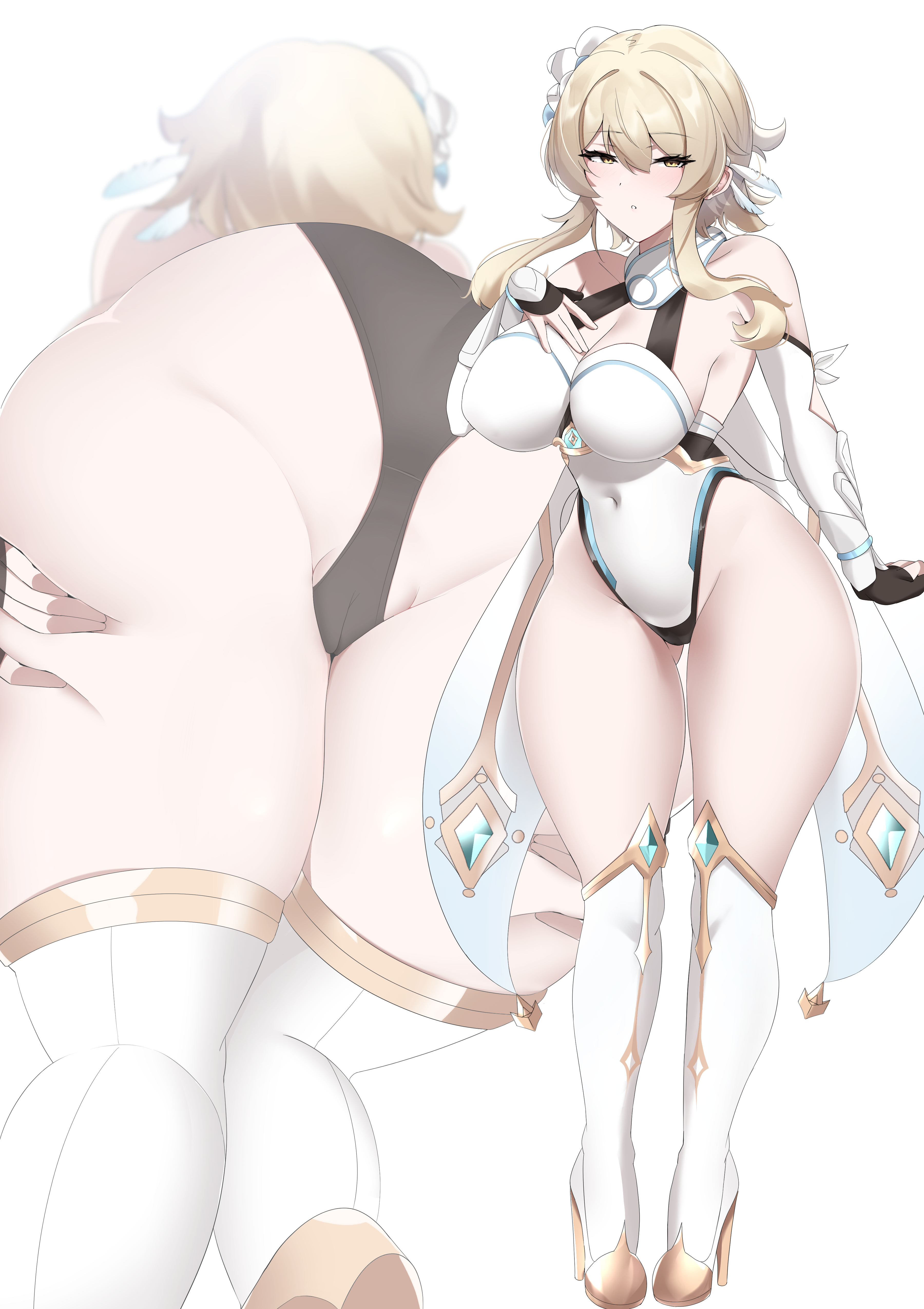 absurdres, ass, bare shoulders, blonde hair, blush, breasts, cleavage, covered navel, detached sleeves, feather hair ornament, feathers, female, flower, full body, genshin impact, hair flower, hair ornament, highleg, highleg leotard, highres, kyle (kysizzle), large breasts, leotard, looking at viewer, lumine (genshin impact), medium hair, multiple views, scarf, sidelocks, thick thighs, thighhighs, thighs, white leotard, white scarf, white thighhighs, yellow eyes