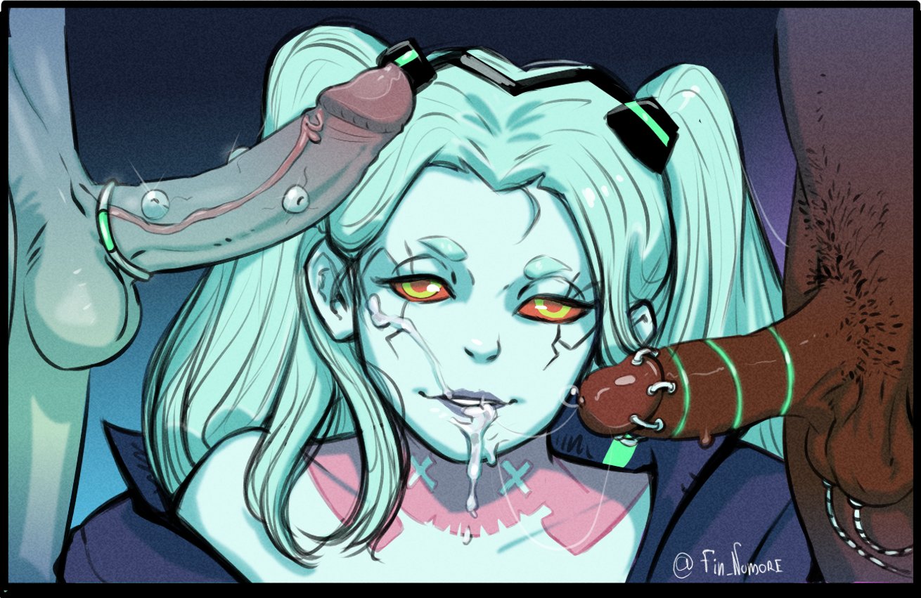 1girls, 2boys, bukkake, clothing, cum, cyberpunk: edgerunners, dark skin, dark-skinned male, female, fin nomore, human, interracial, jacket, male, outerwear, pale skin, penis, rebecca (edgerunners), sex, teal hair, twintails, younger female