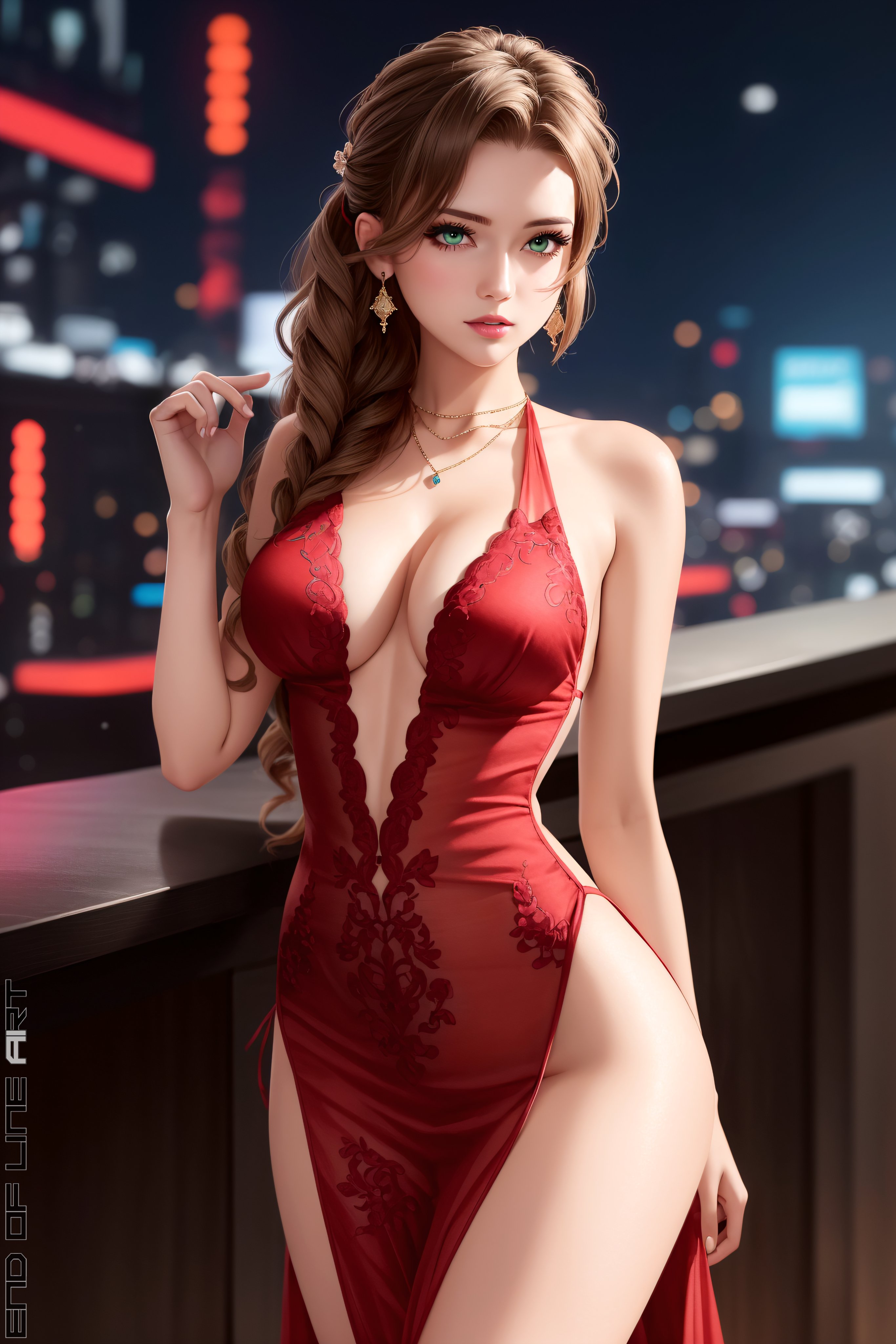 aerith gainsborough, ai generated, brown hair, cleavage, dress, end of line, female, final fantasy, final fantasy vii, final fantasy vii remake, green eyes, looking at viewer, red dress, voluptuous female