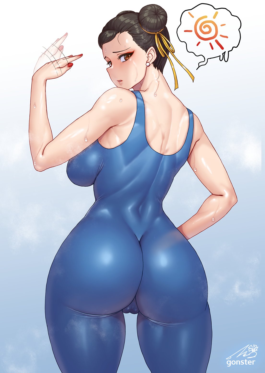 1girls ass ass_focus bare_shoulders blush breasts brown_eyes brown_hair cameltoe capcom chun-li double_bun earrings fanning fanning_self female from_behind gonster gradient_background hair_bun heat highres jewelry large_breasts leotard looking_at_viewer looking_back short_hair solo street_fighter street_fighter_6 sweat thick_thighs thighs