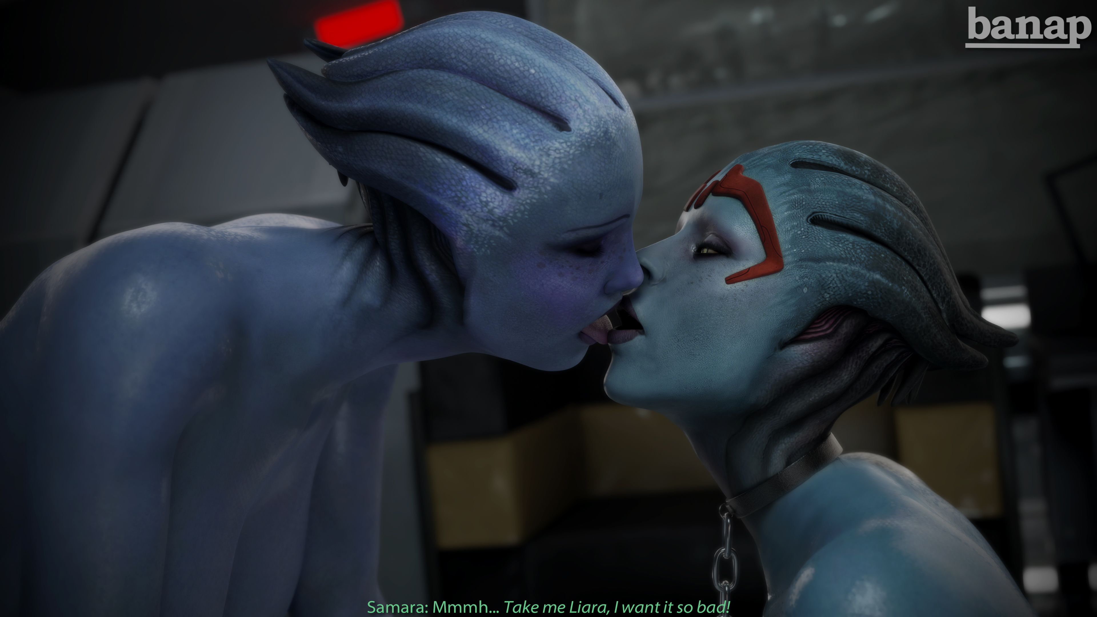 3d, alien, asari, banap, blender, blender (software), blue skin, breasts, chained, collar, comic, comic page, dialogue, english, english dialogue, english text, futanari, intersex, kissing, leash, liara t'soni, mass effect, no nut november, nude, nude futa, open mouth, samara, self upload, tagme, text, tongue, tongue out