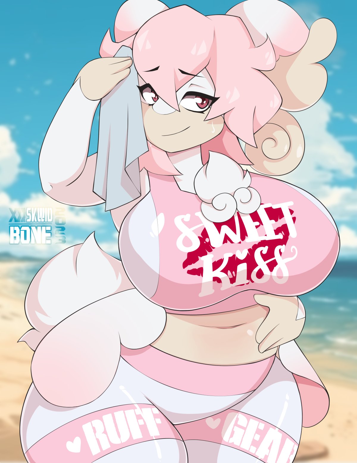 2023 artist_name audino beach breasts english_text female game_freak hand_on_own_stomach hand_on_stomach holding_towel huge_breasts pokémon pokemon purple_eyes skwidbone sports_bra text text_on_pants text_on_tank_top wiping_sweat yoga_pants