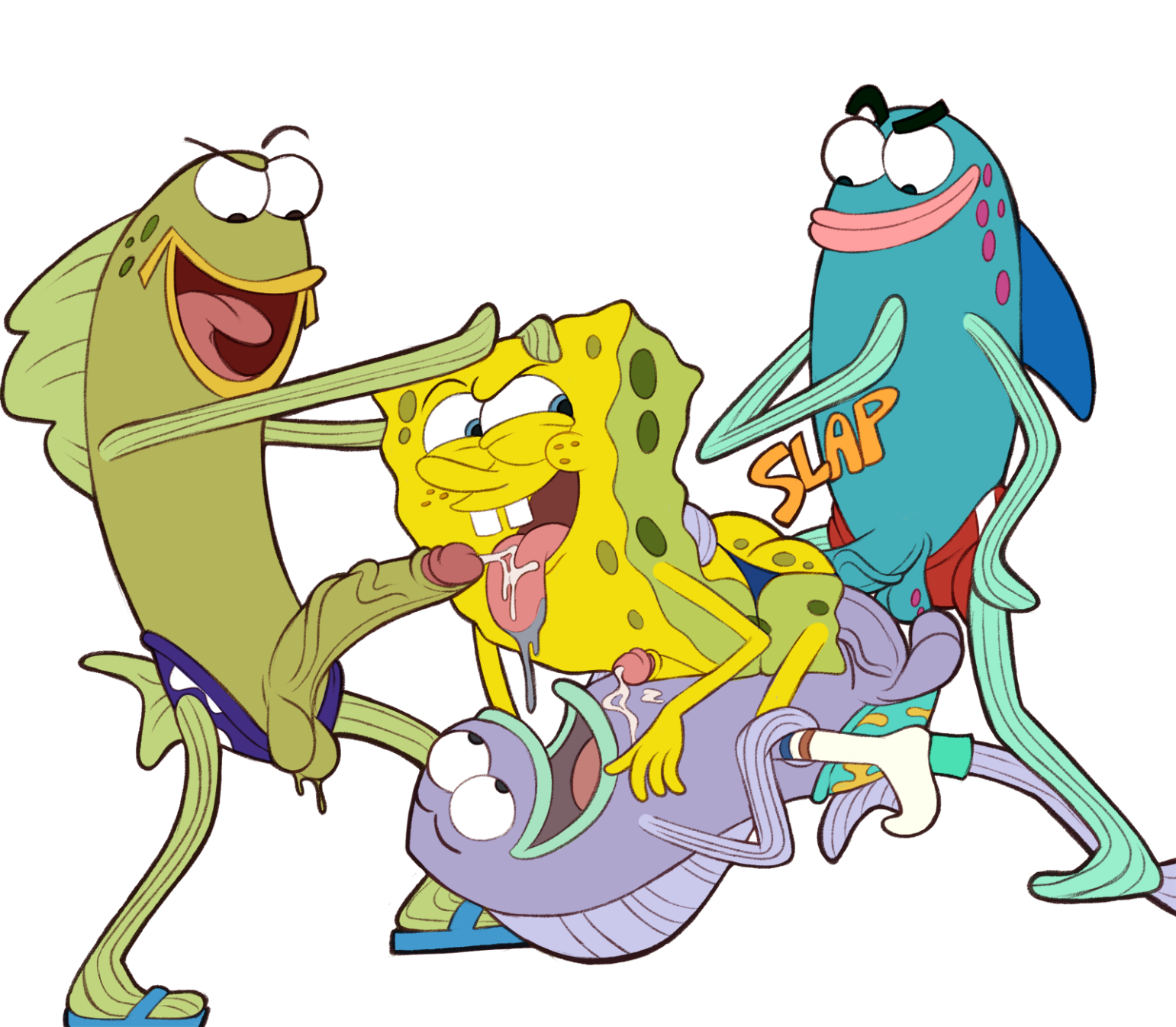4boys, anthro, fish, gay, gay domination, gay sex, iyumiblue, male, male only, non-human, on model, sandals, sea sponge, spongebob squarepants, spongebob squarepants (character), toony, transparent background, yaoi