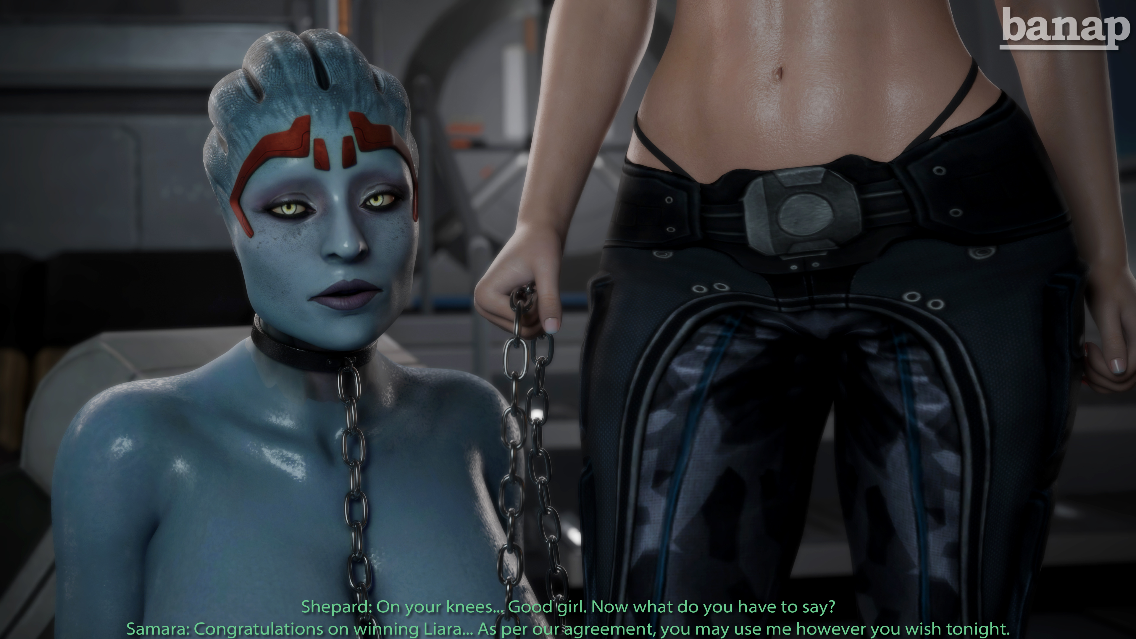 1futa, 1girls, 3d, abs, alien, asari, banap, blender, blender (software), blue skin, breasts, chained, collar, comic, comic page, commander shepard, dialogue, english, english dialogue, english text, female, femshep, futanari, intersex, leash, looking at viewer, mass effect, no nut november, nude, nude futa, samara, self upload, tagme, text, thong