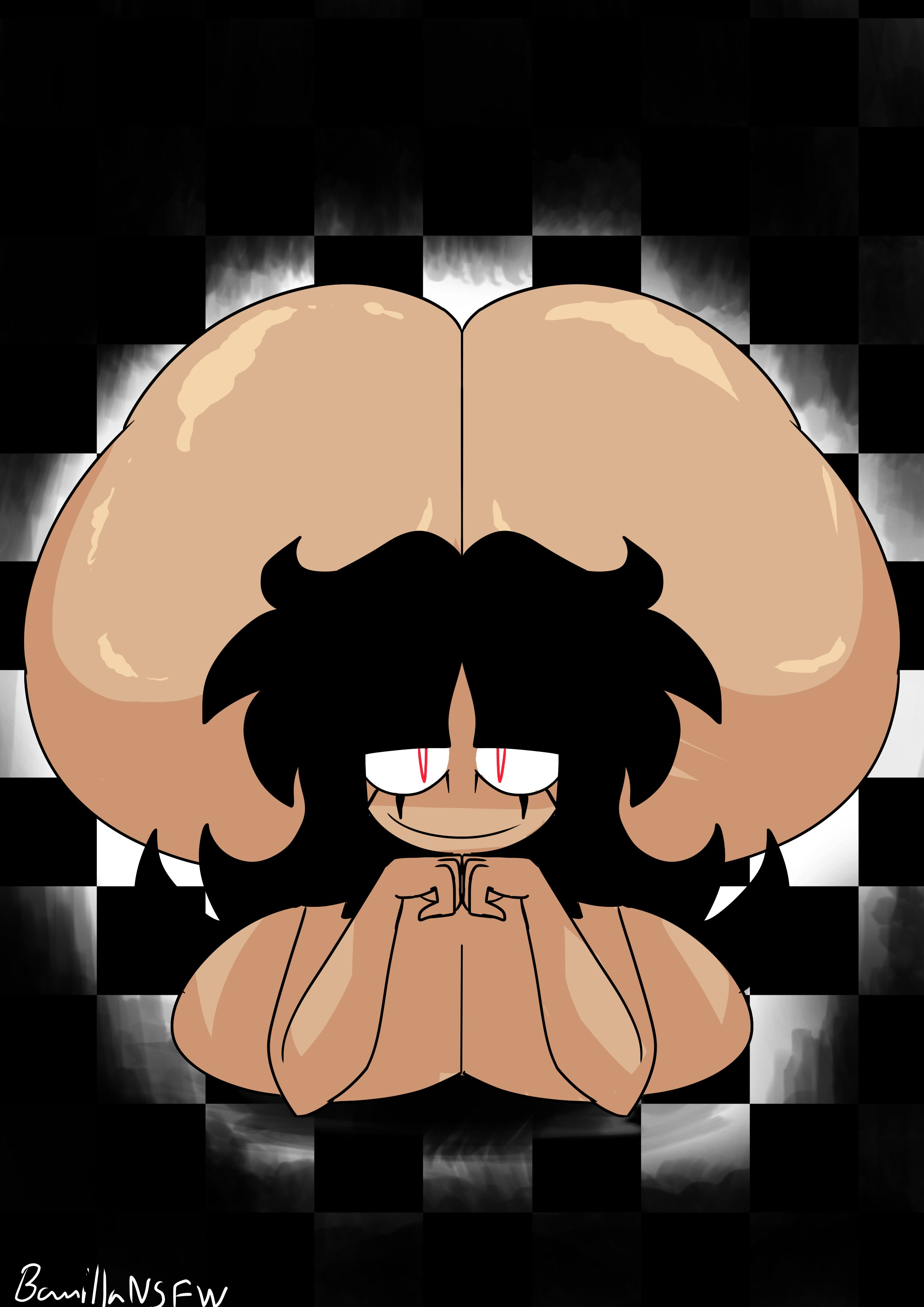 1girls, ass, banillansfw, big ass, big breasts, black hair, breast squish, breasts, completely nude, female, female only, full body, hands under chin, huge ass, long hair, looking at viewer, naked, naked female, needlemouse (series), nude, nude female, red eyes, sarah henderson (needlemouse), smile, solo, solo female, thick ass