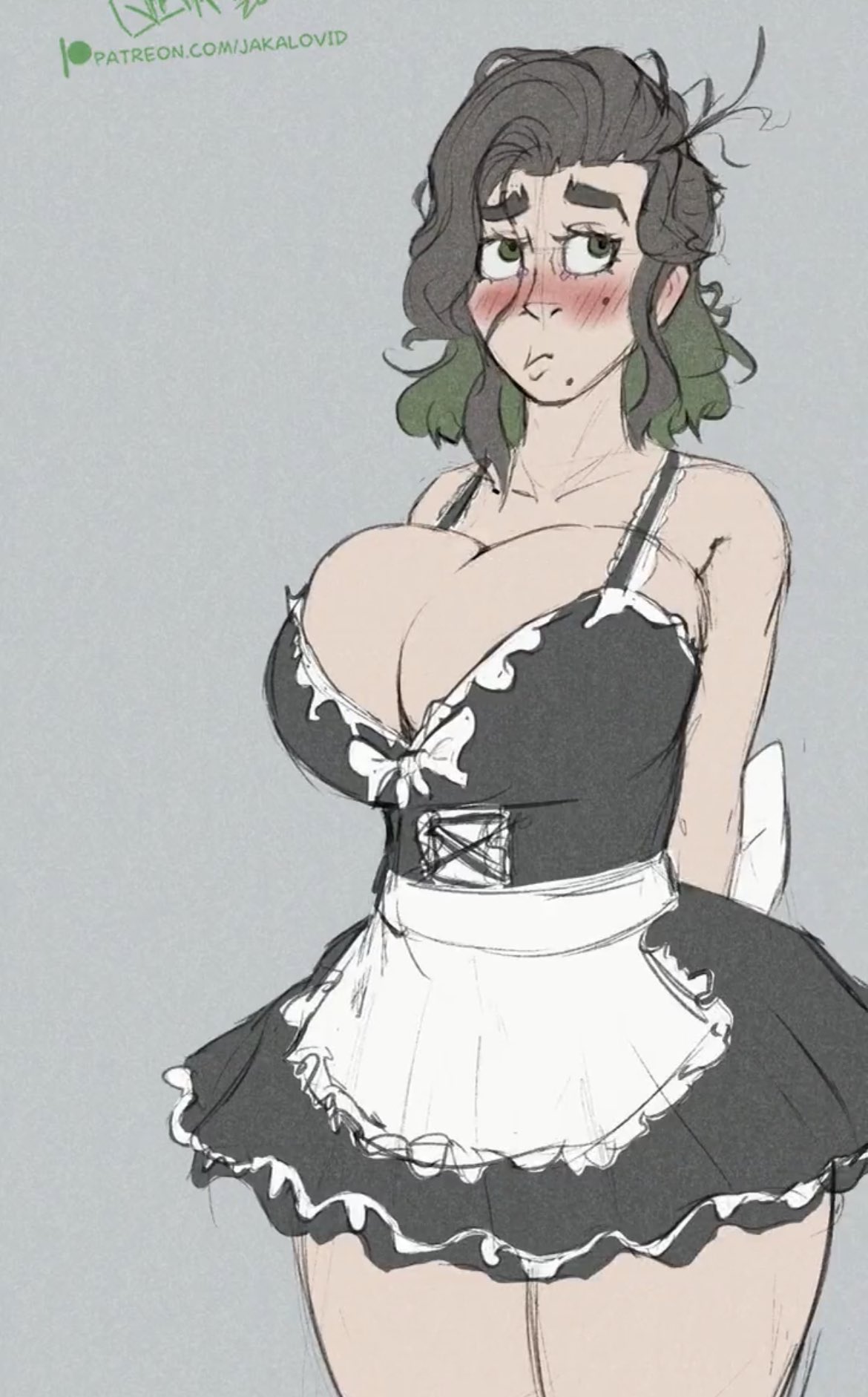 1girls blush bursting_breasts corset embarrassed french_maid huge_breasts implied_transformation jakal63 maid maid_uniform overflowing_breasts skirt