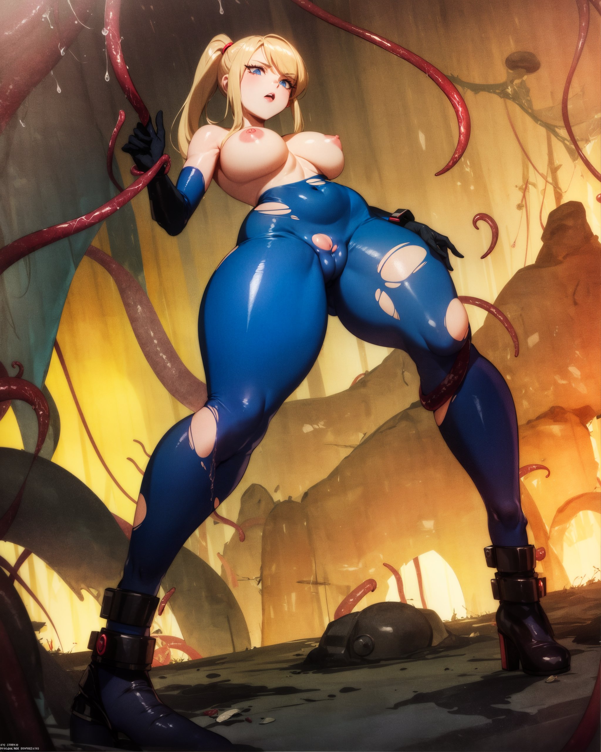 ai generated, ass, big ass, big breasts, big butt, breasts, curvy, female, female only, latex, latex suit, metroid, nintendo, questionable consent, ripped clothing, samus aran, tagme, tentacle, tentacles, zero suit samus
