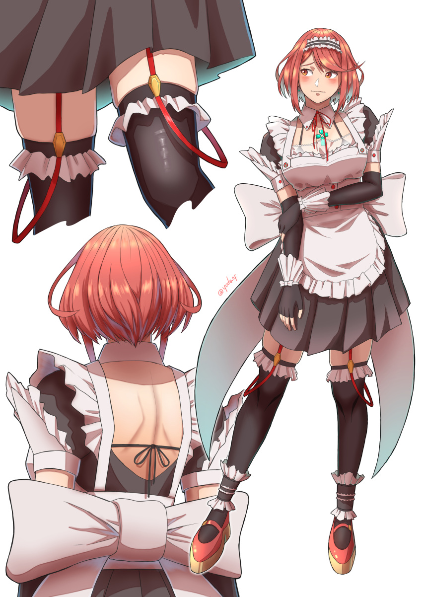1girls, apron, back, backless outfit, boots, breasts, core crystal, detached collar, earrings, elbow gloves, embarrassed, female, fingerless gloves, garter straps, gloves, large breasts, maid, maid apron, maid headdress, maid uniform, neck ribbon, nintendo, pyra, red eyes, red hair, short hair, thighhighs, xenoblade (series), xenoblade chronicles 2, you nf