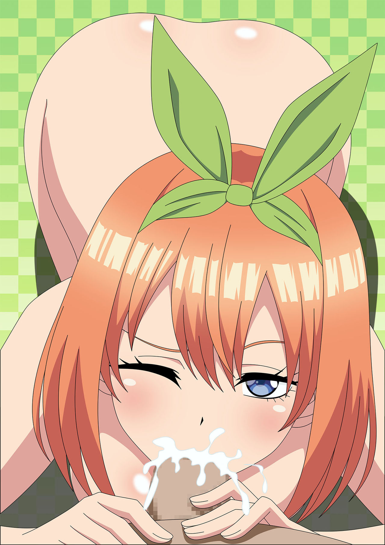atelier gons, big breasts, blowjob, blue eyes, breasts, censored, cum in mouth, ejaculation, female, go-toubun no hanayome, nakano yotsuba, naked, orange hair, smiling at viewer